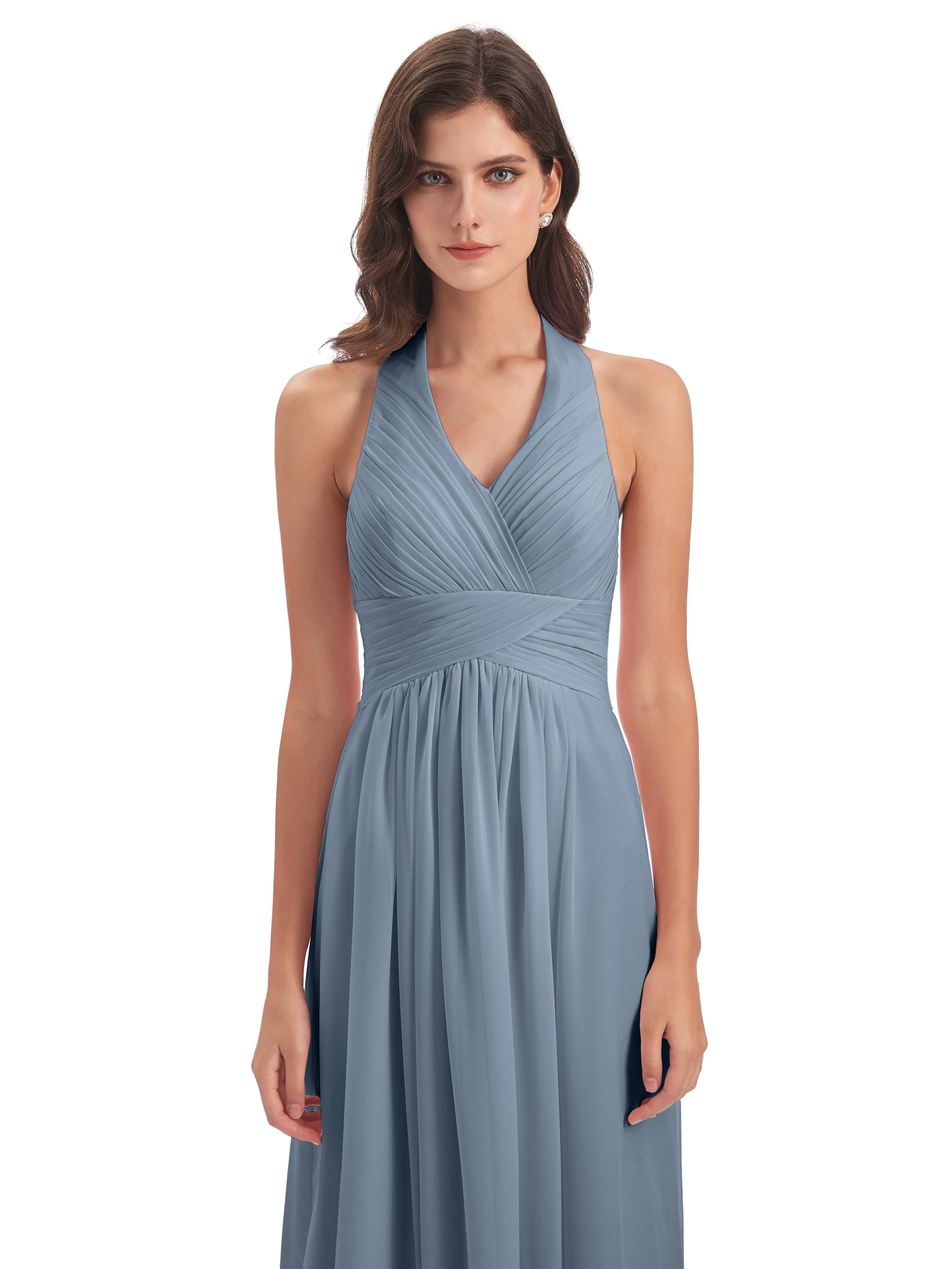 Camila A-line Halter Pleating Long Bridesmaid Dresses