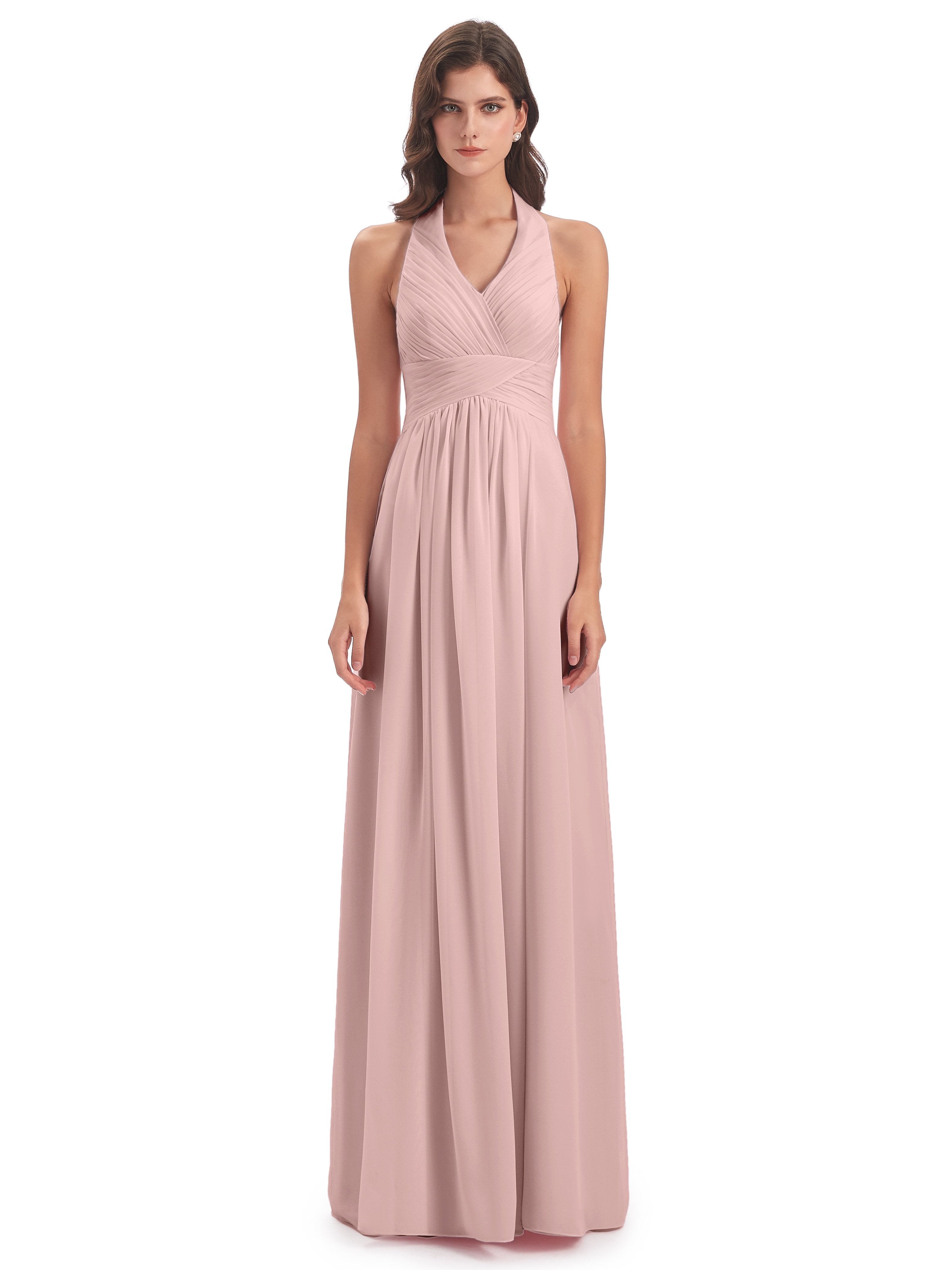 Camila A-line Halter Pleating Long Bridesmaid Dresses