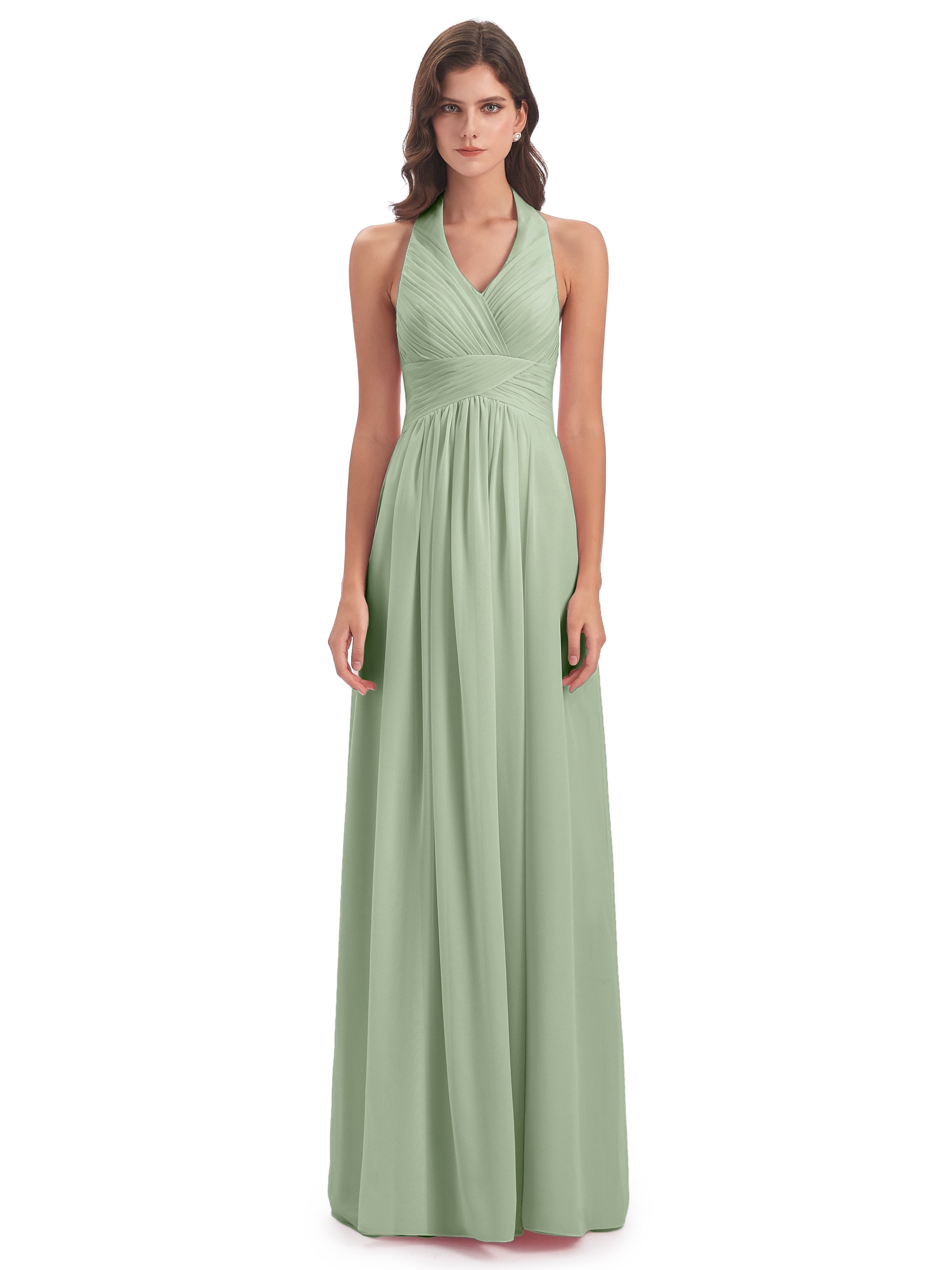 Camila A-line Halter Pleating Long Bridesmaid Dresses