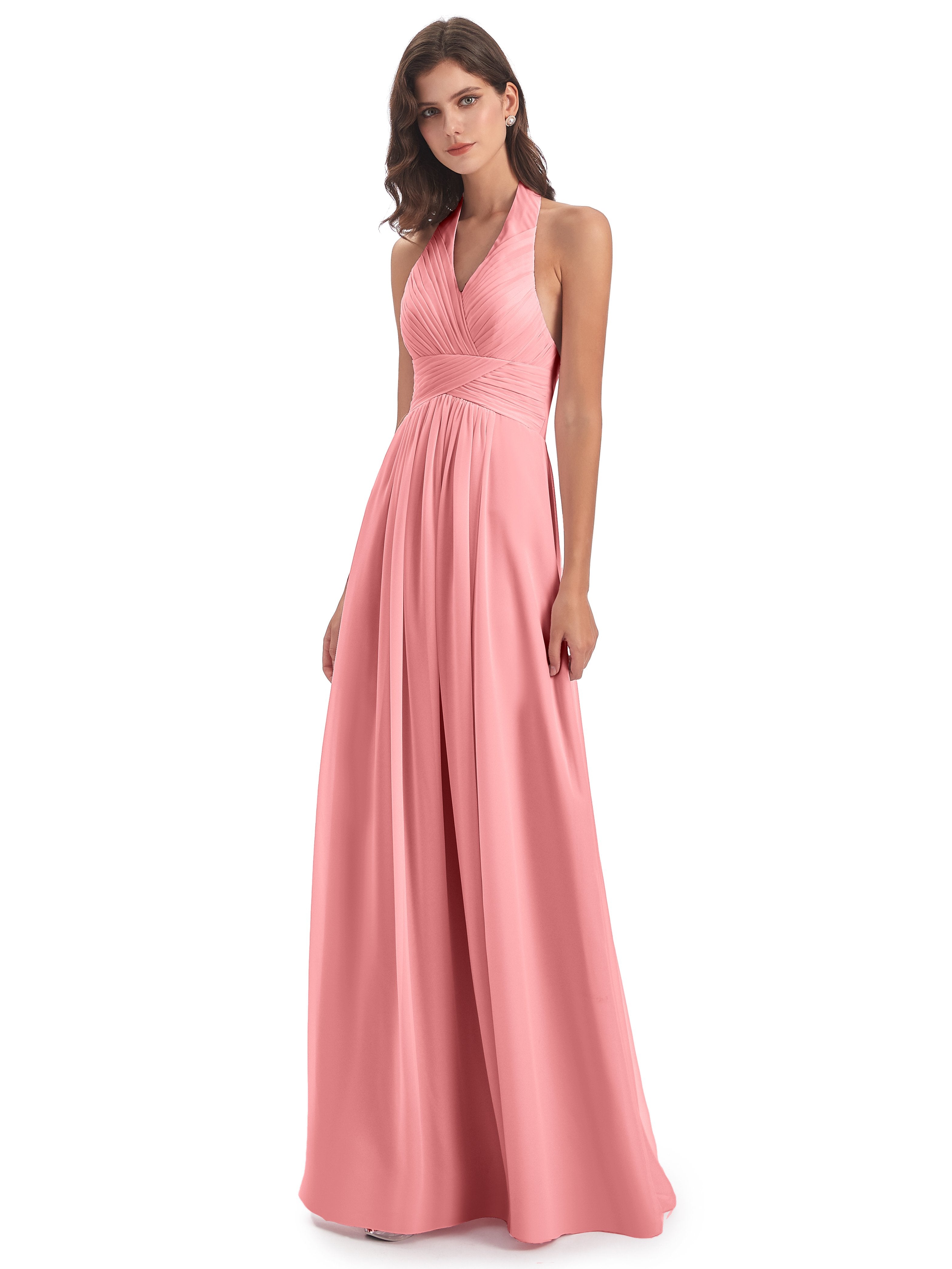 Camila A-line Halter Pleating Long Bridesmaid Dresses