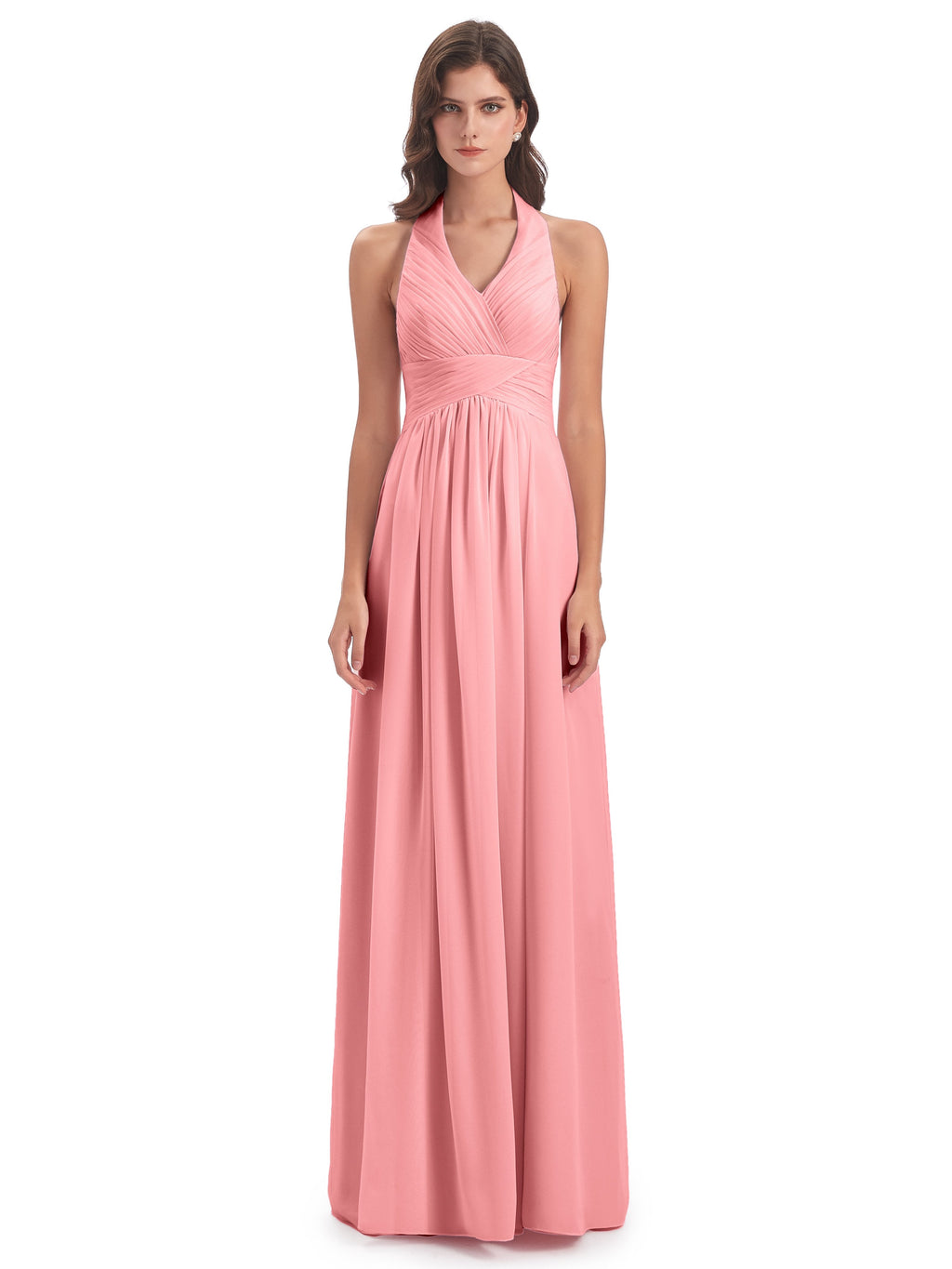 Camila A-line Halter Pleating Long Bridesmaid Dresses