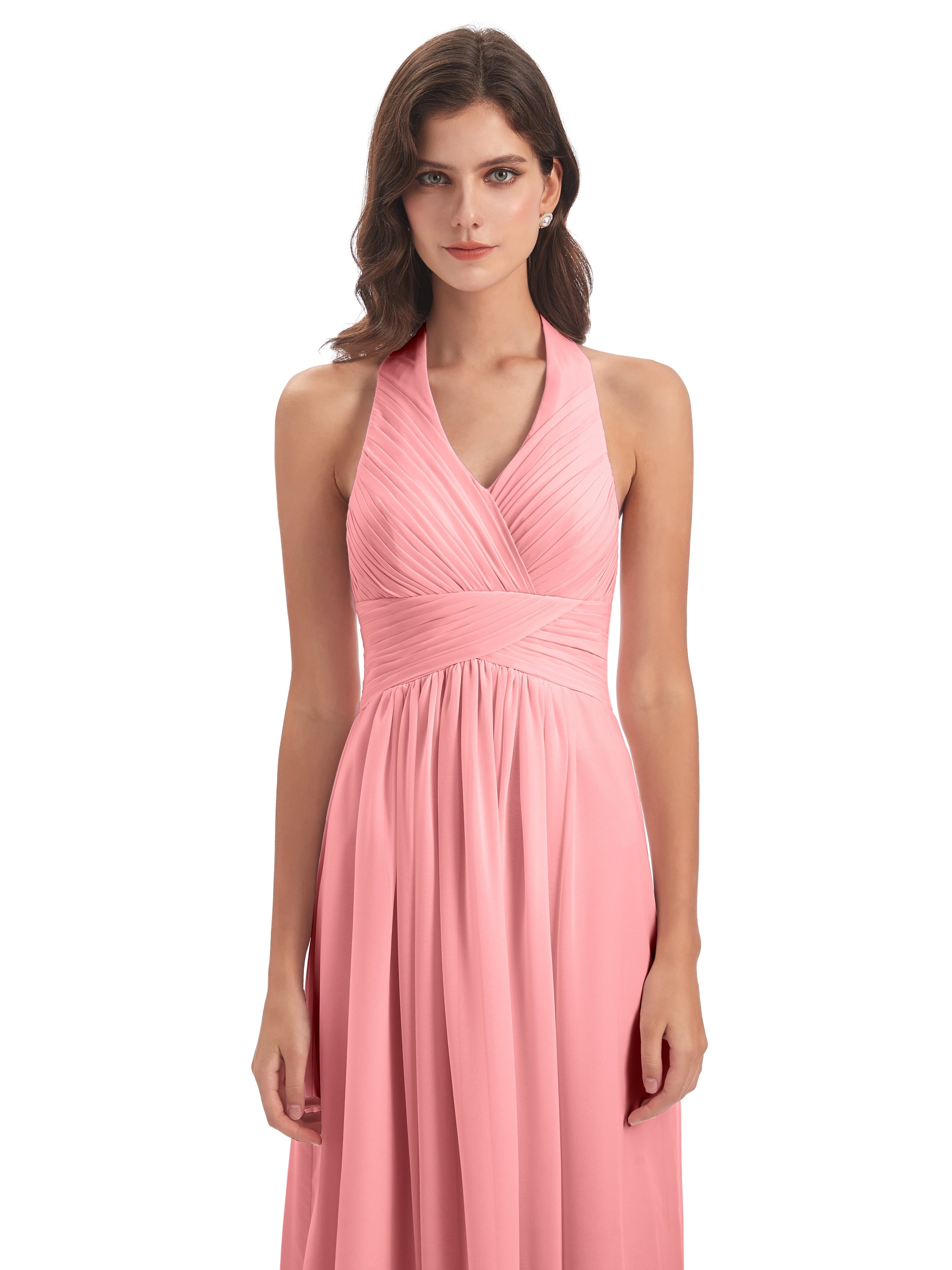 Camila A-line Halter Pleating Long Bridesmaid Dresses