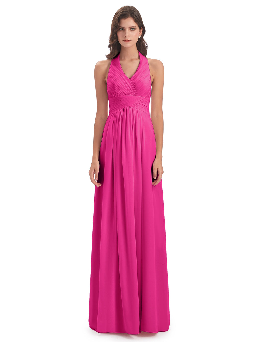 Camila A-line Halter Pleating Long Bridesmaid Dresses