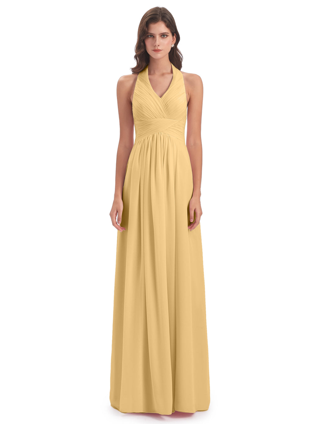Camila A-line Halter Pleating Long Bridesmaid Dresses