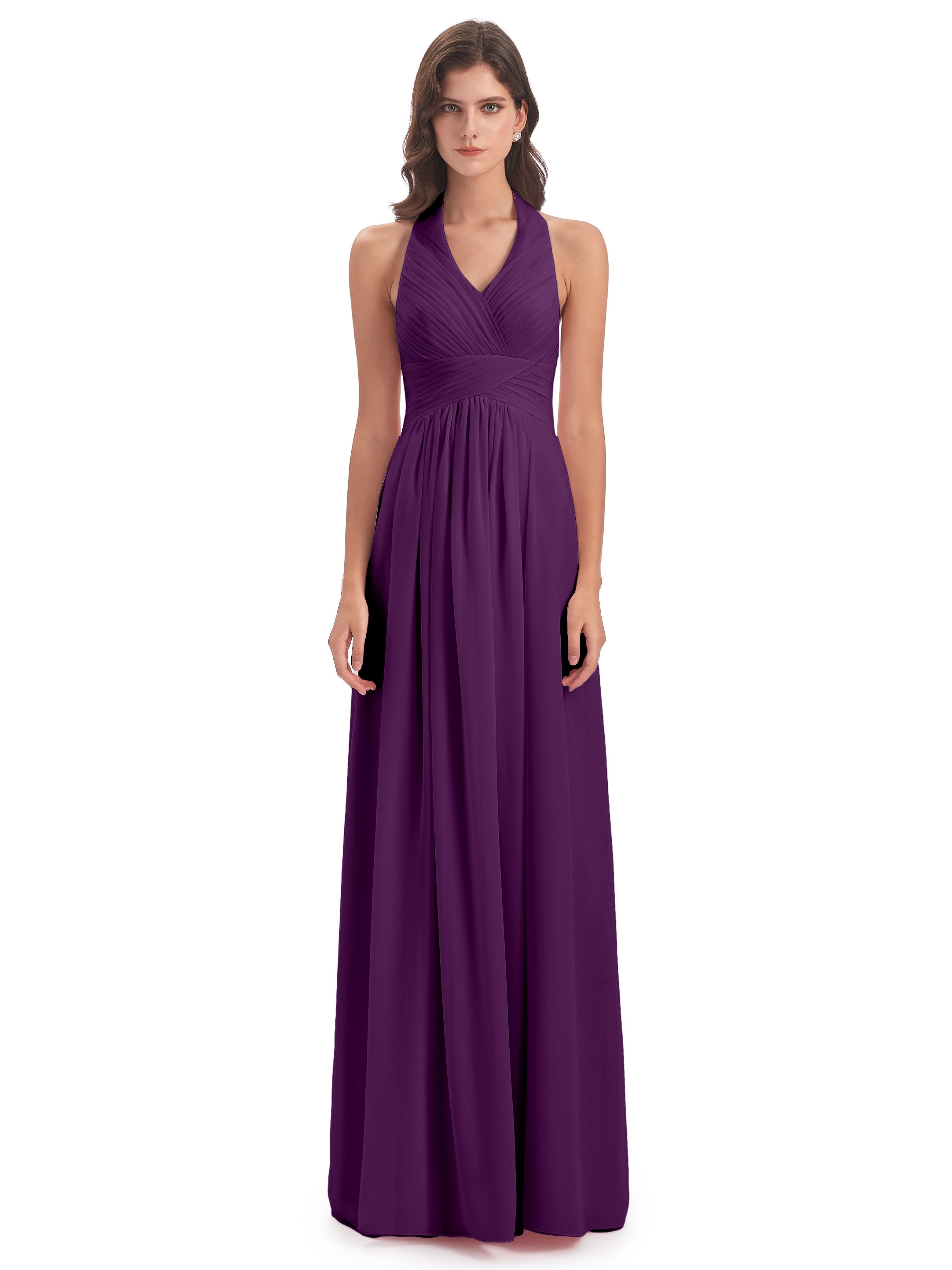 Camila A-line Halter Pleating Long Bridesmaid Dresses