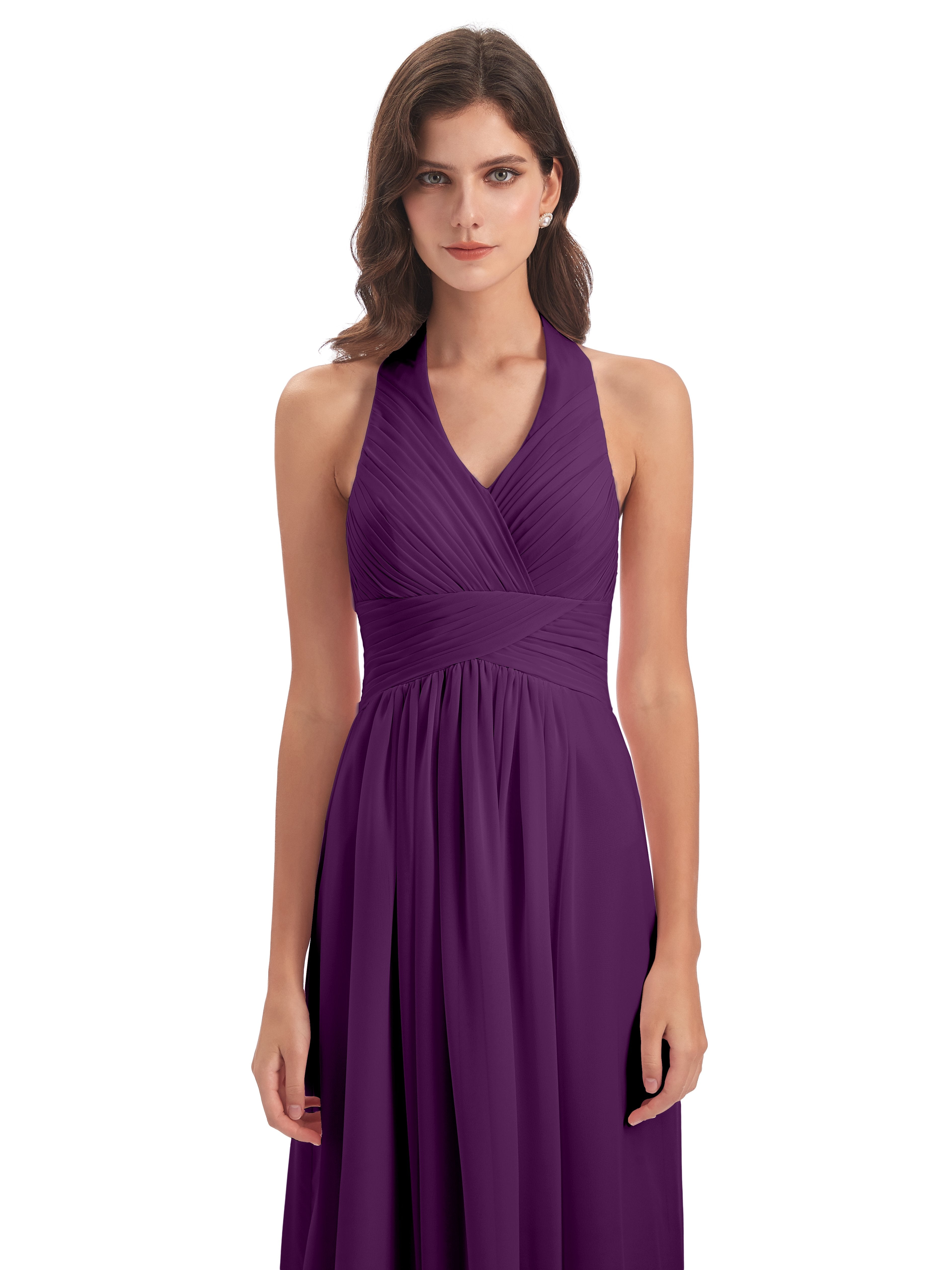 Camila A-line Halter Pleating Long Bridesmaid Dresses