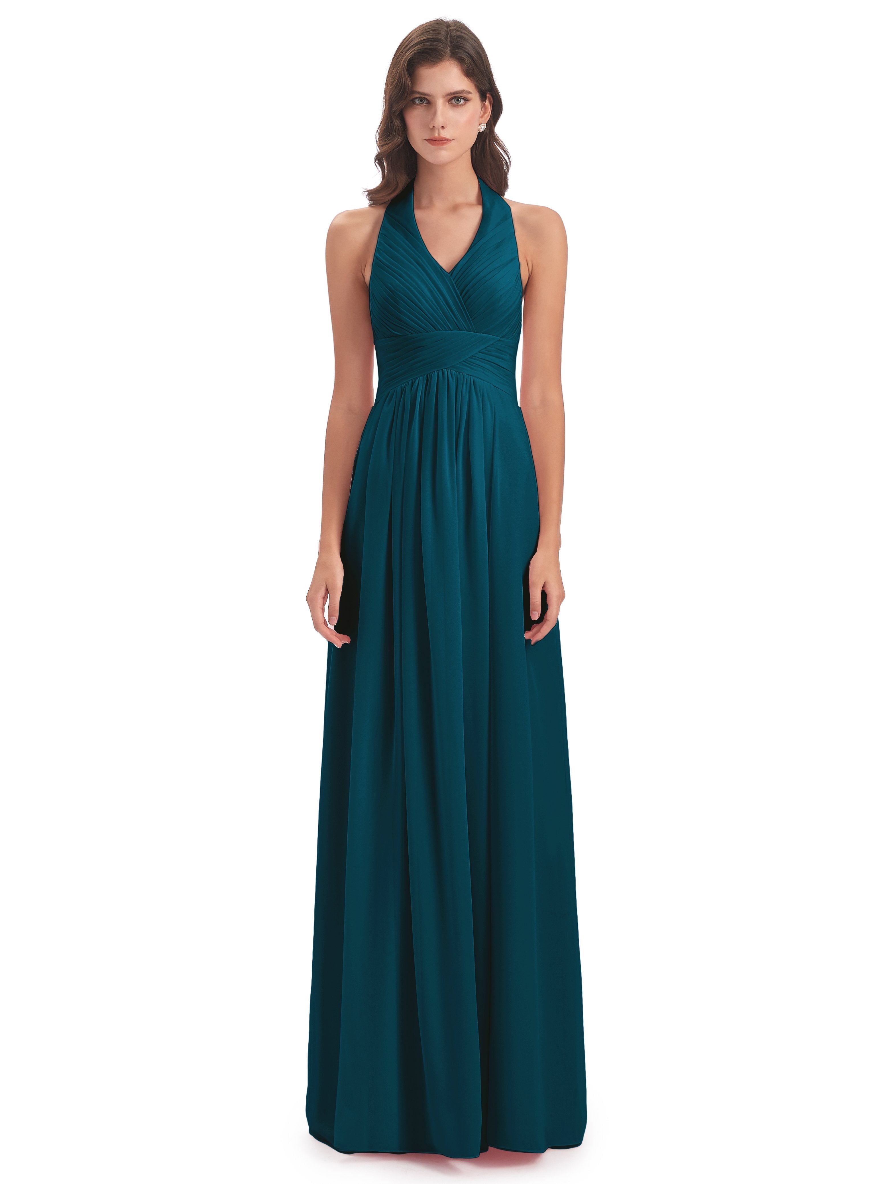 Camila A-line Halter Pleating Long Bridesmaid Dresses