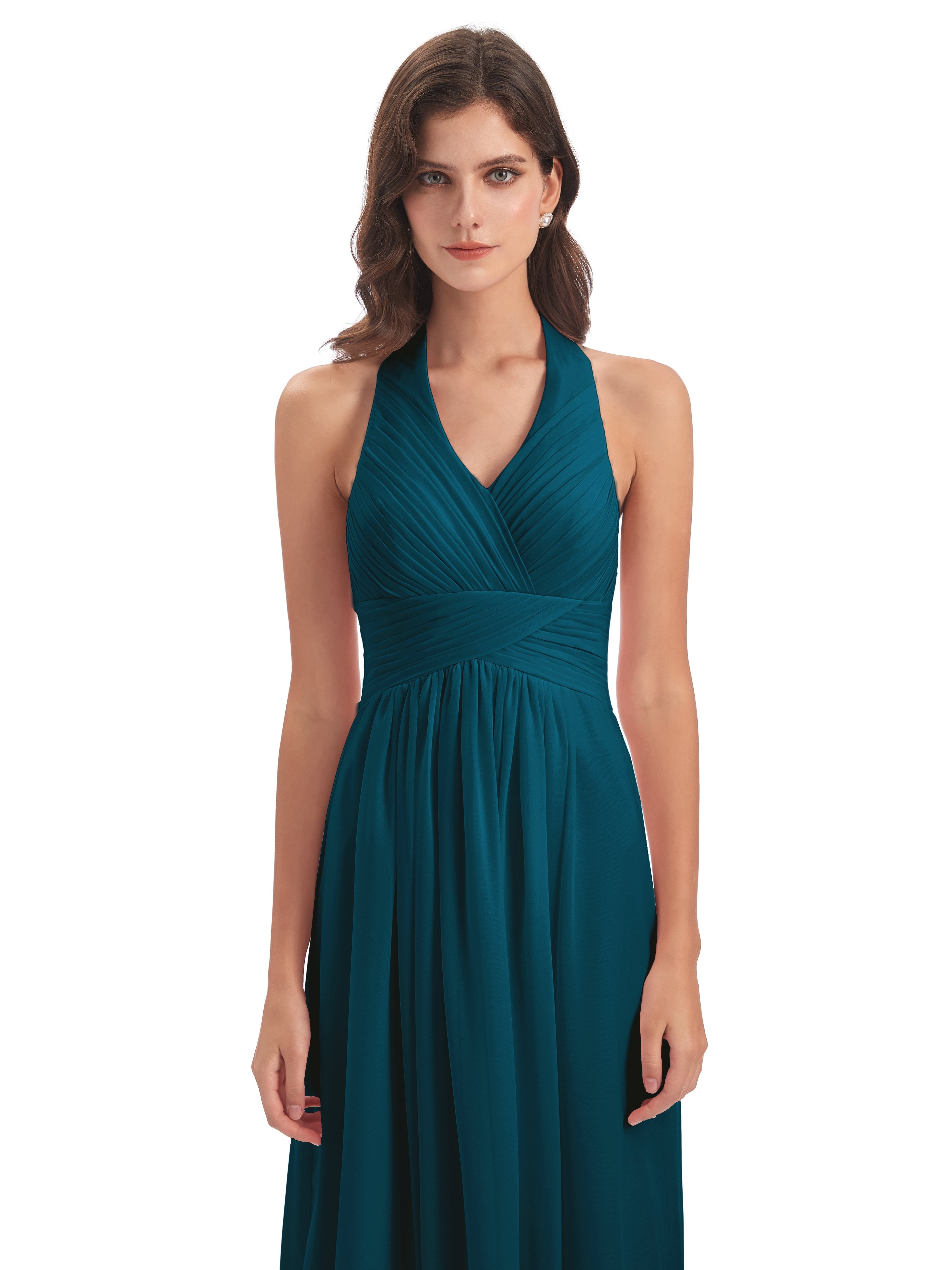 Camila A-line Halter Pleating Long Bridesmaid Dresses