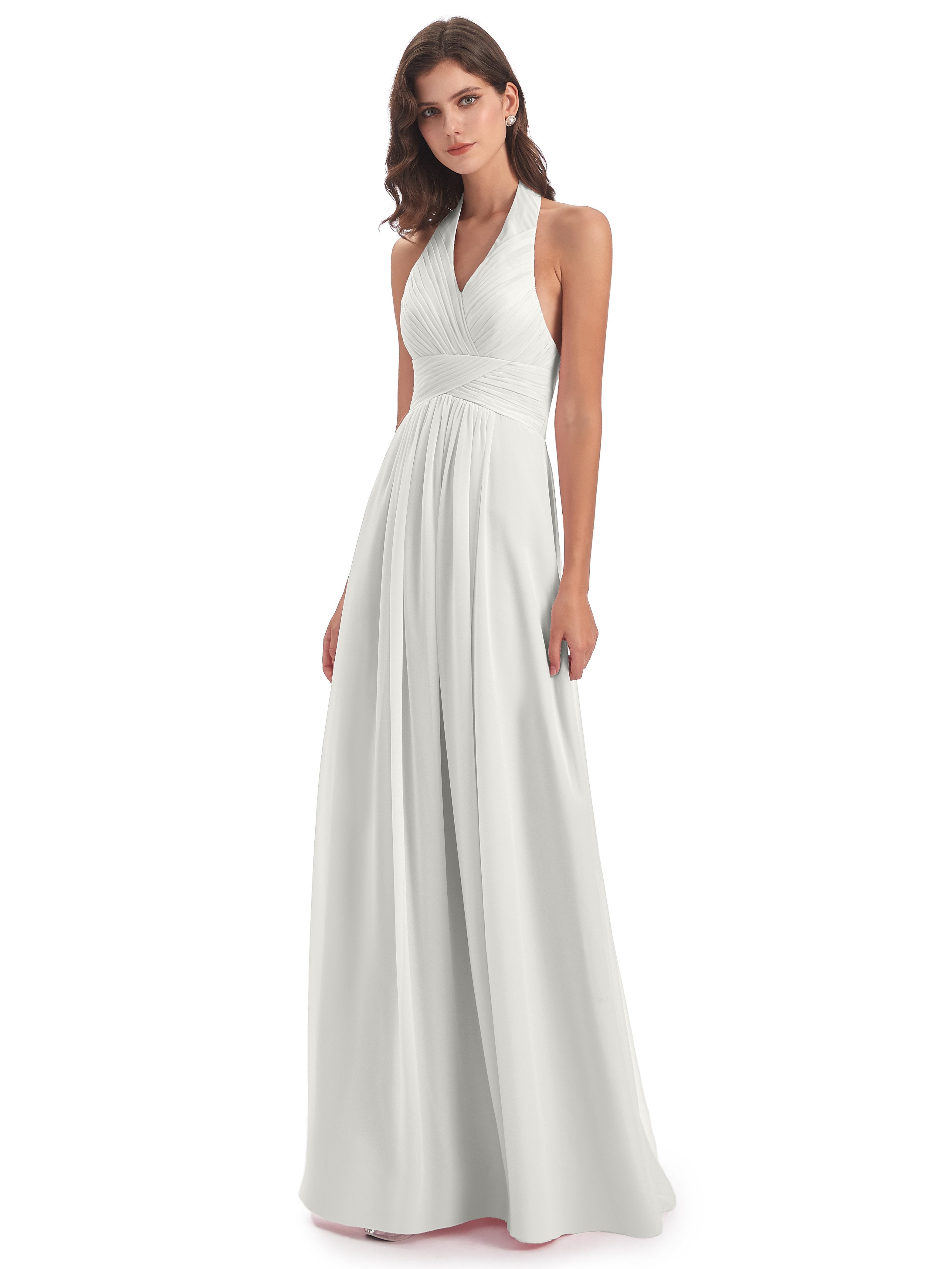 Camila A-line Halter Pleating Long Bridesmaid Dresses