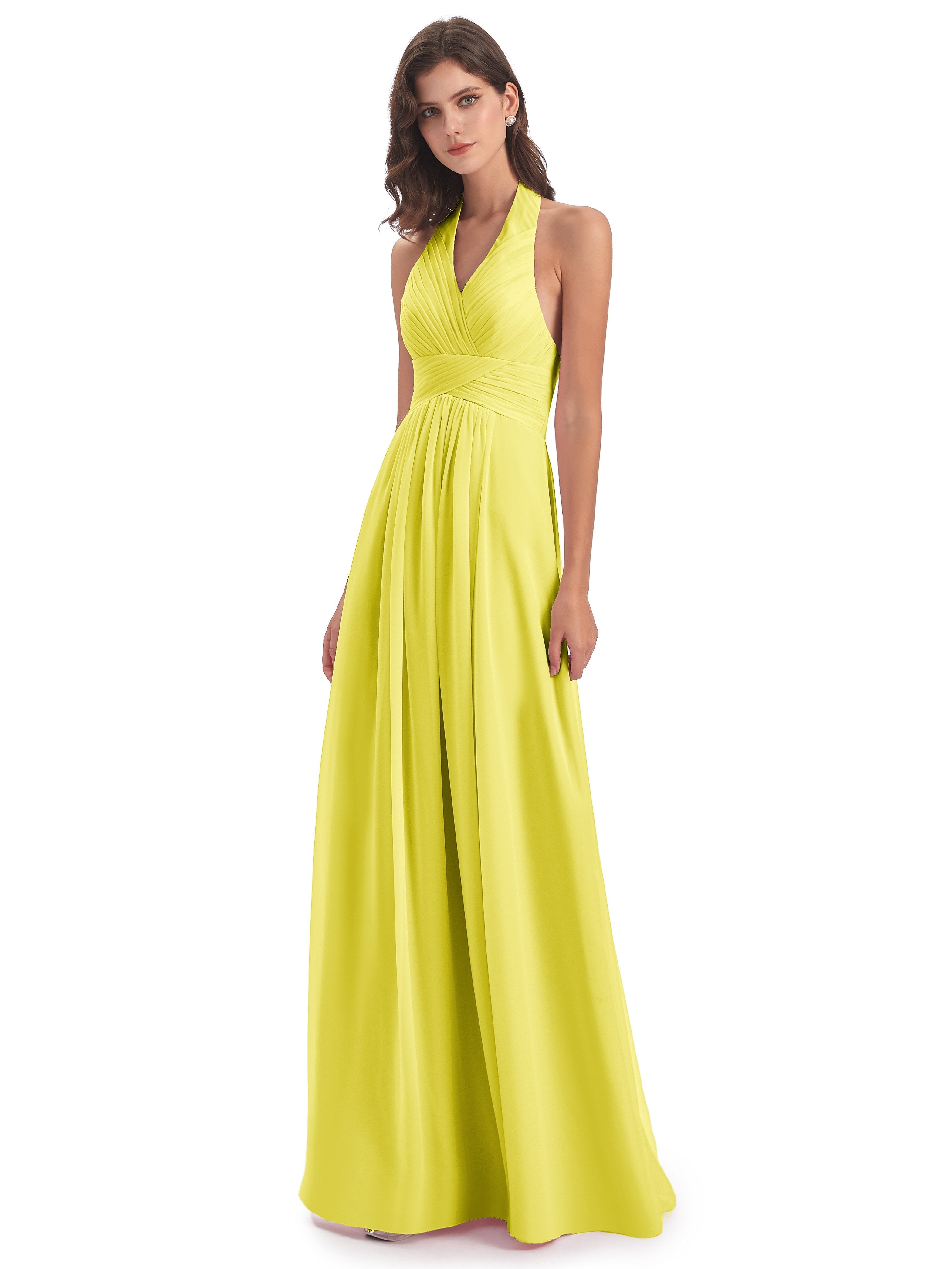 Camila A-line Halter Pleating Long Bridesmaid Dresses