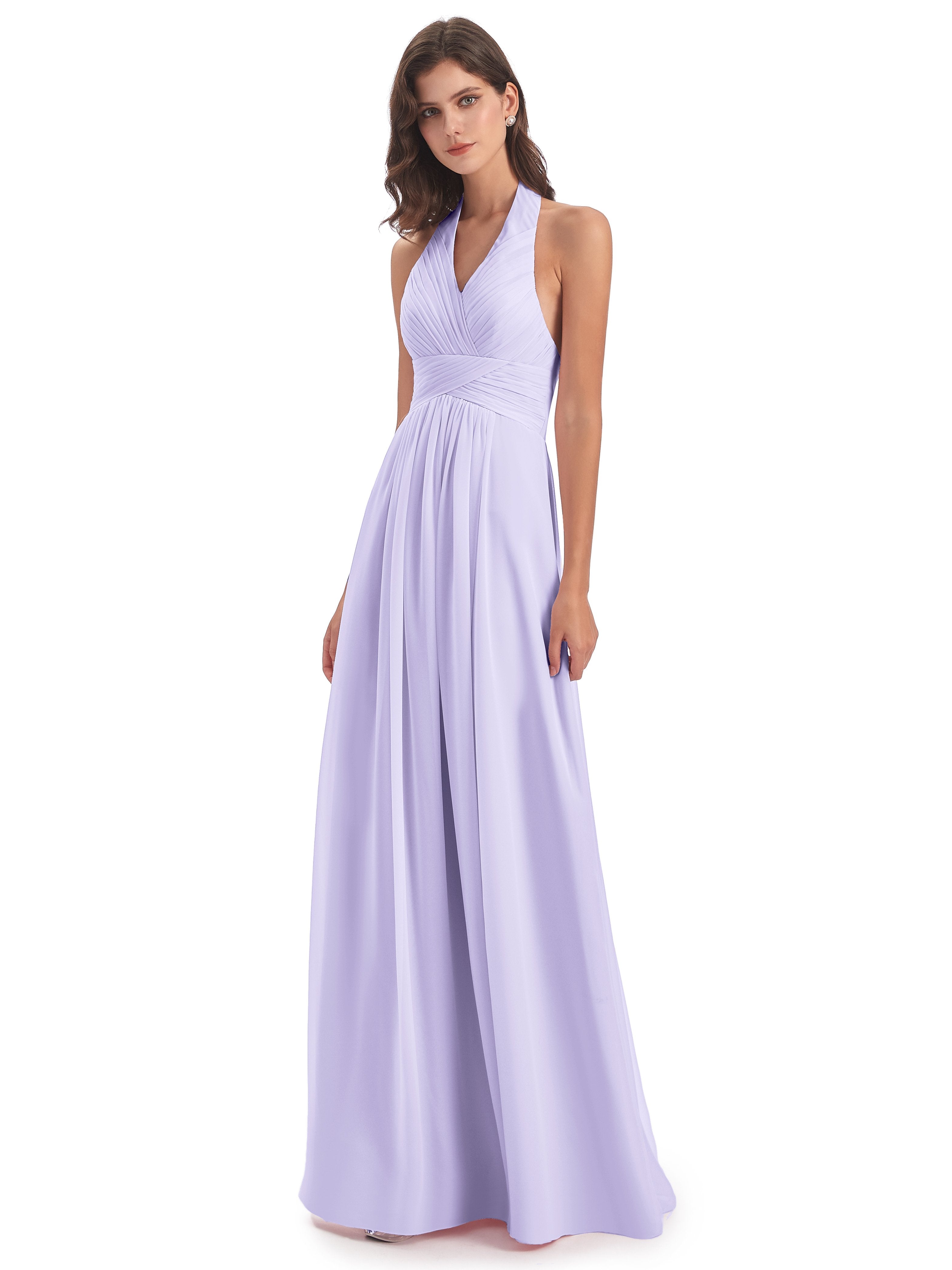 Camila A-line Halter Pleating Long Bridesmaid Dresses