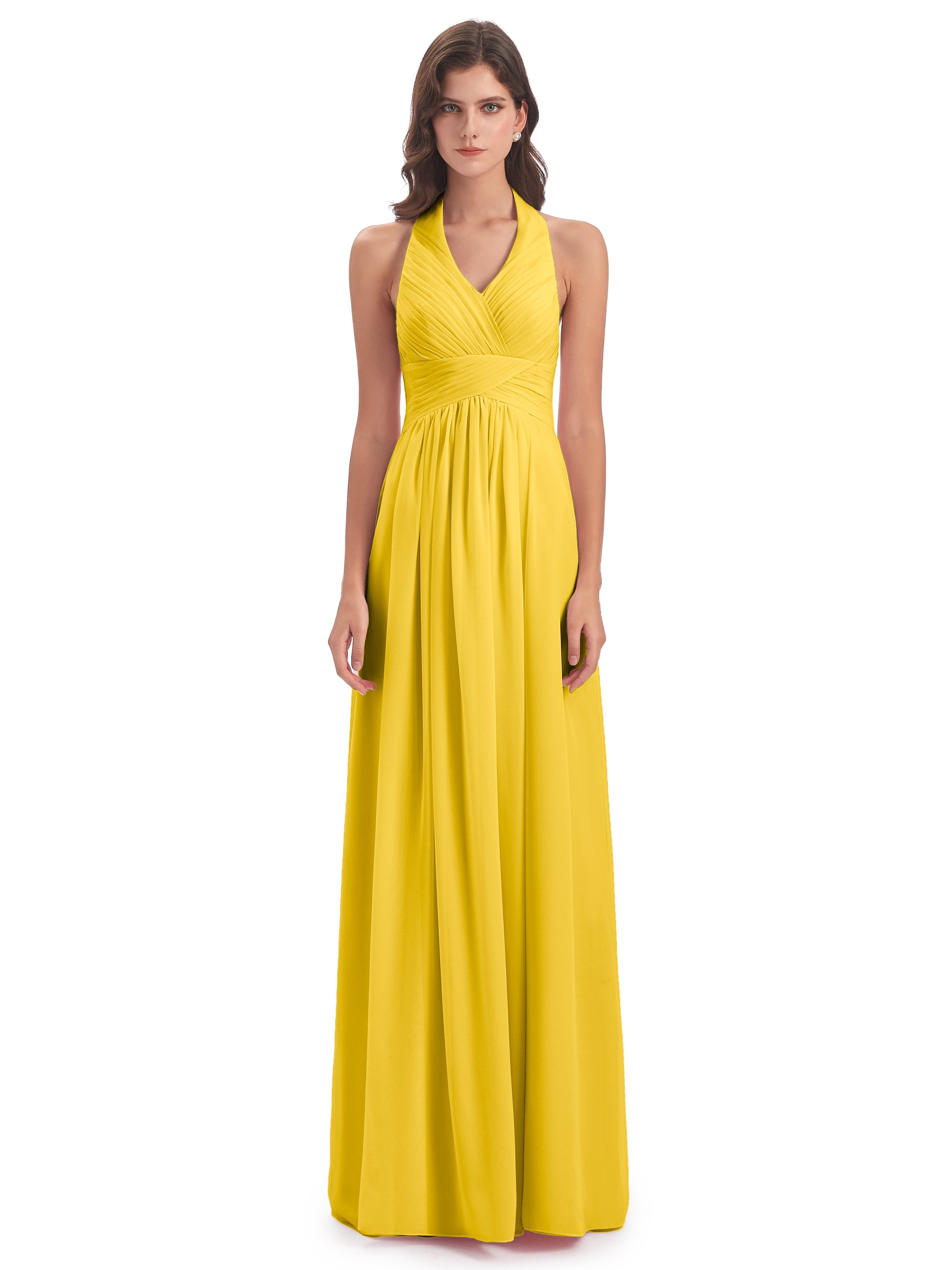 Camila A-line Halter Pleating Long Bridesmaid Dresses