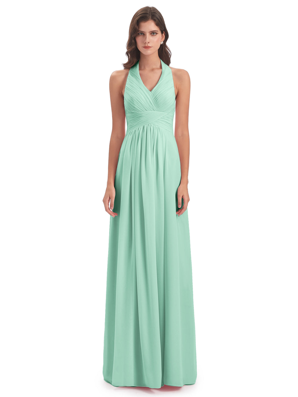 Camila A-line Halter Pleating Long Bridesmaid Dresses