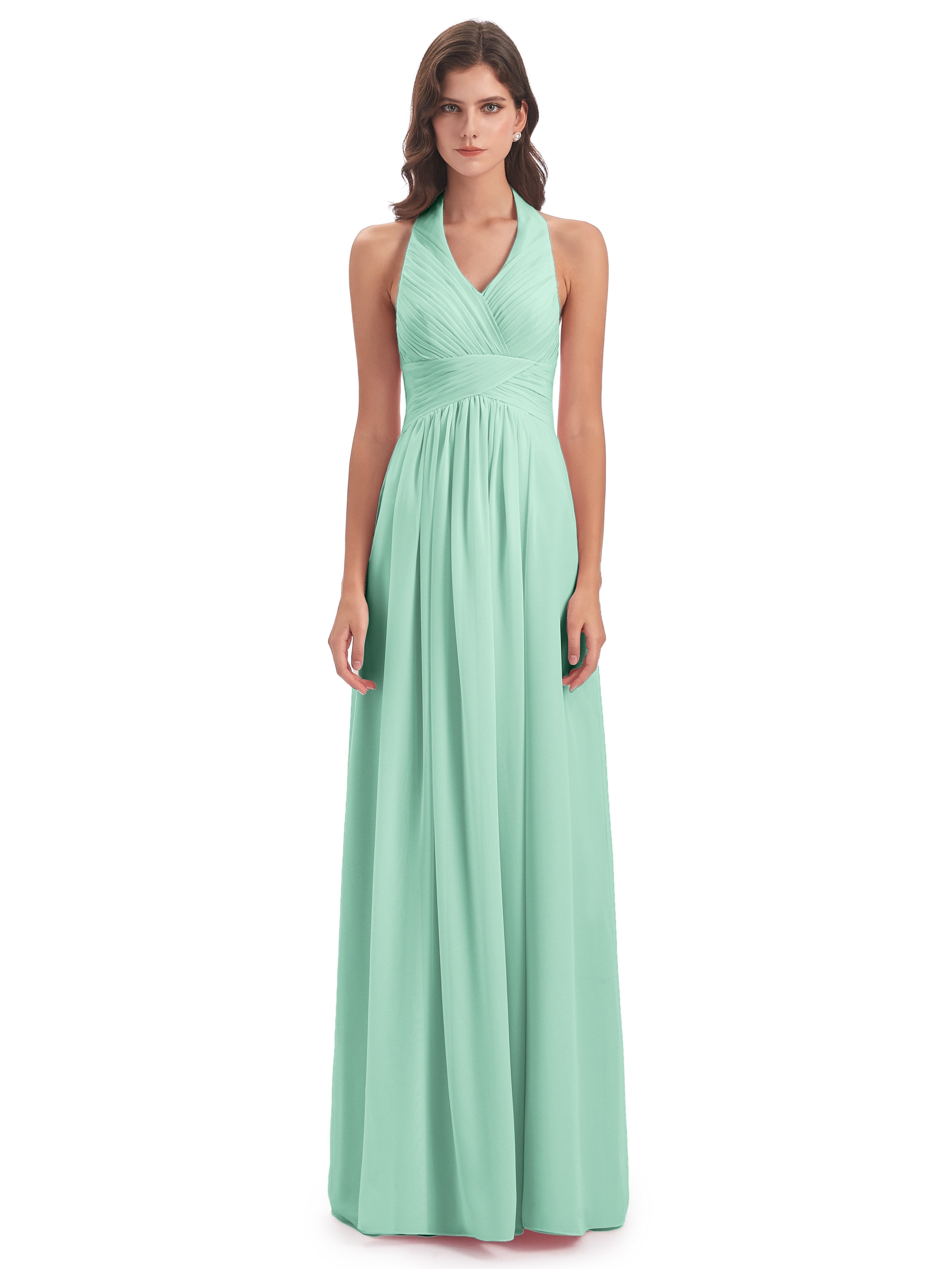 Camila A-line Halter Pleating Long Bridesmaid Dresses