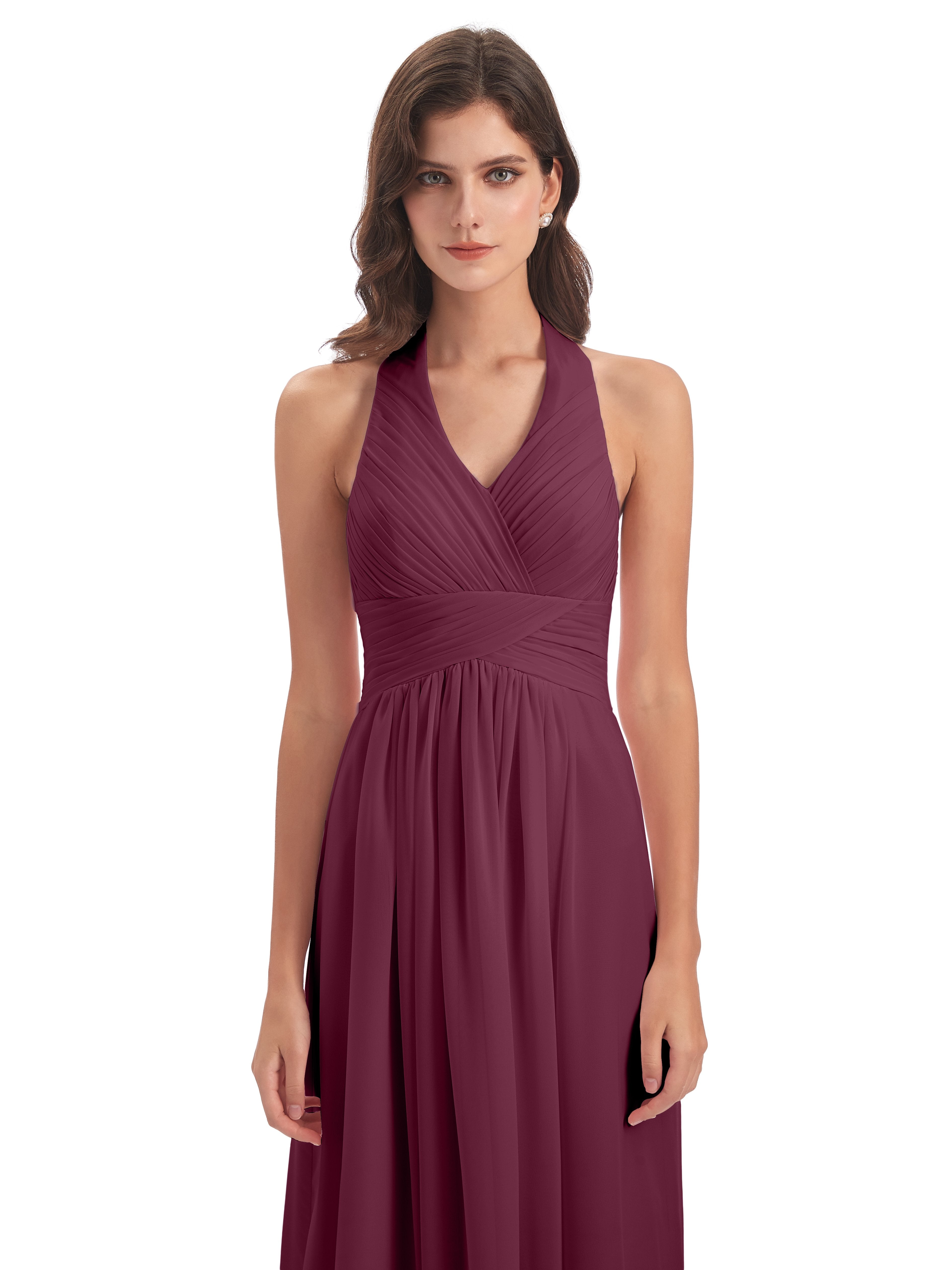 Camila A-line Halter Pleating Long Bridesmaid Dresses