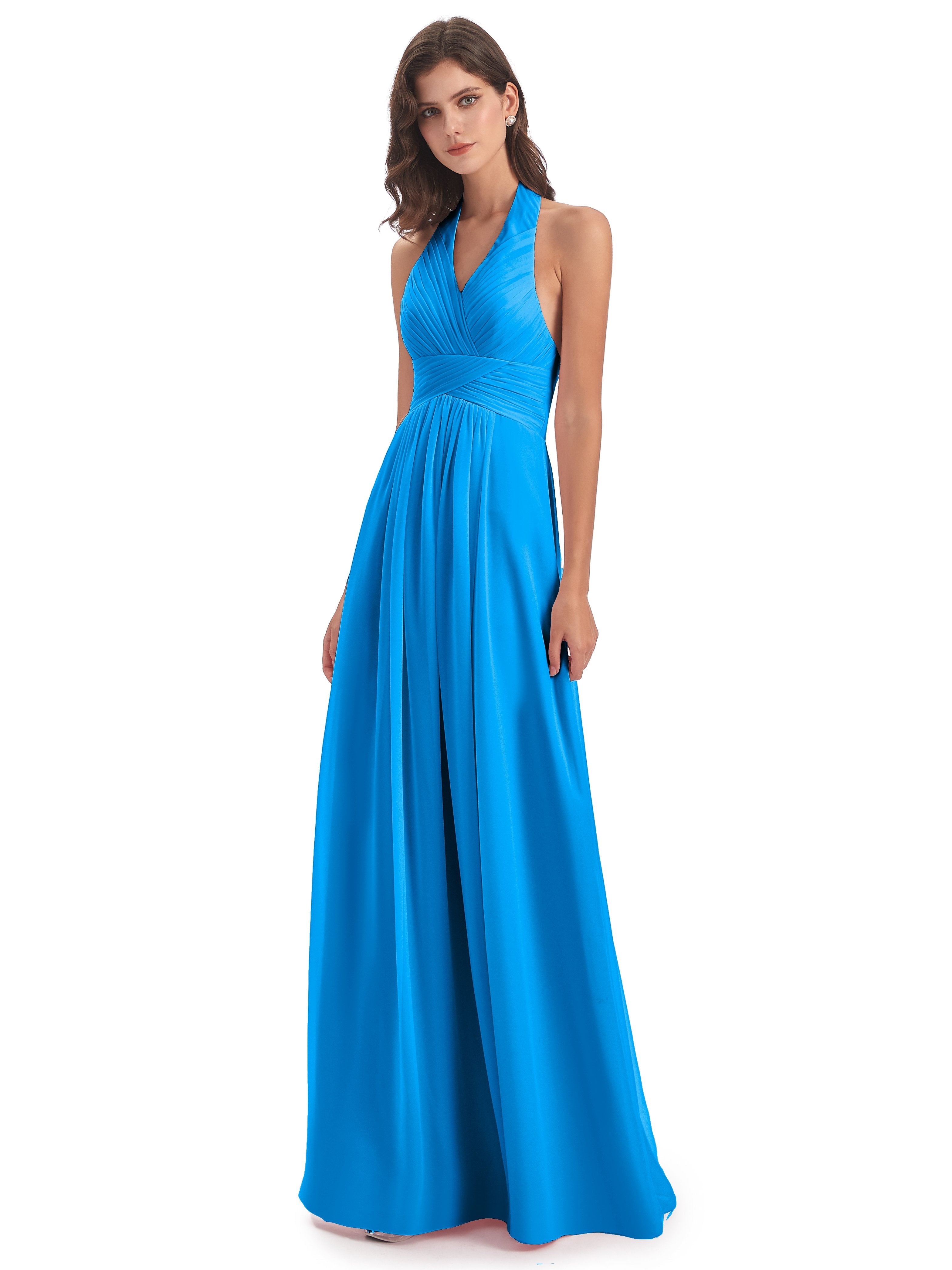 Camila A-line Halter Pleating Long Bridesmaid Dresses