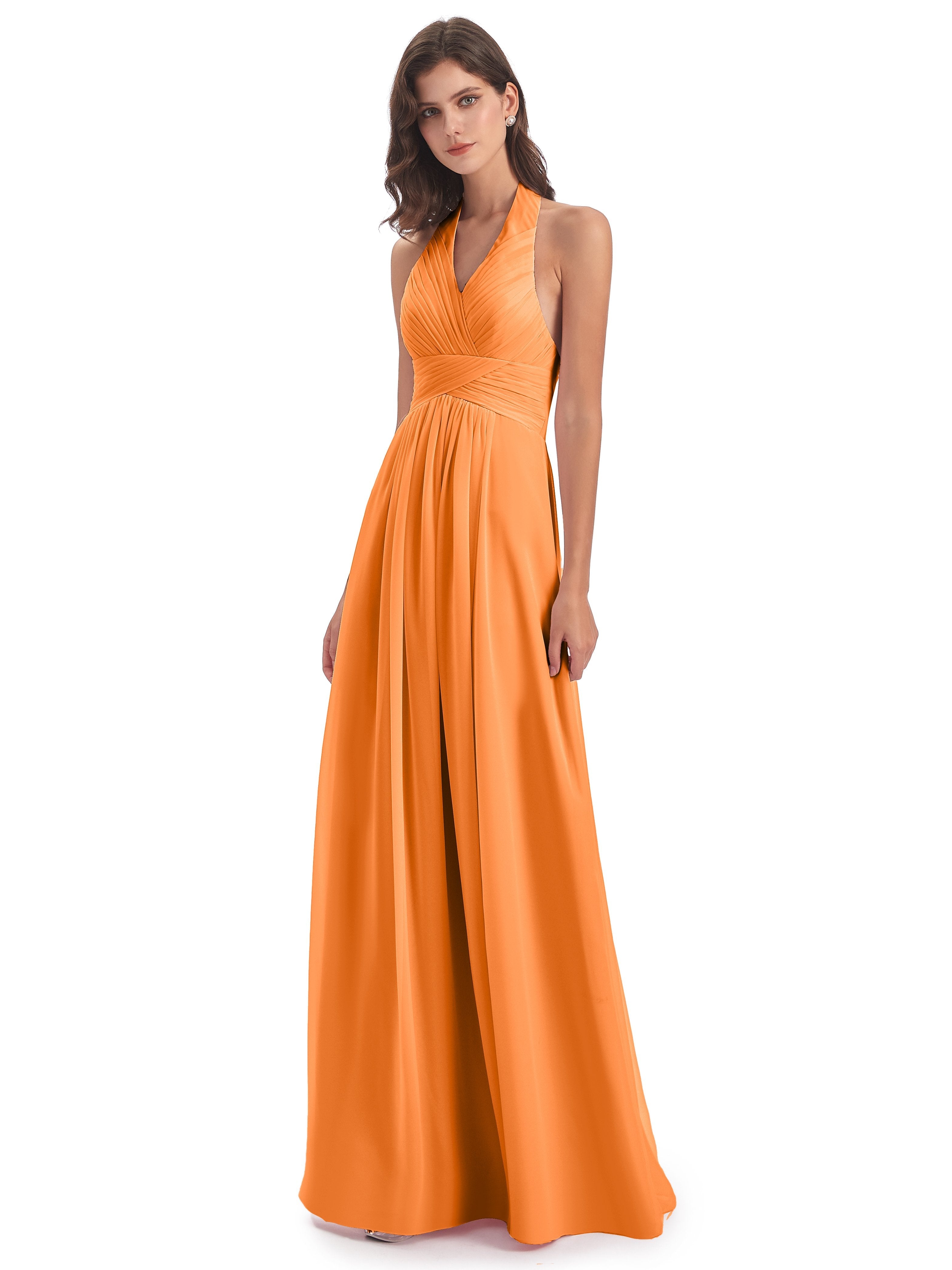 Camila A-line Halter Pleating Long Bridesmaid Dresses