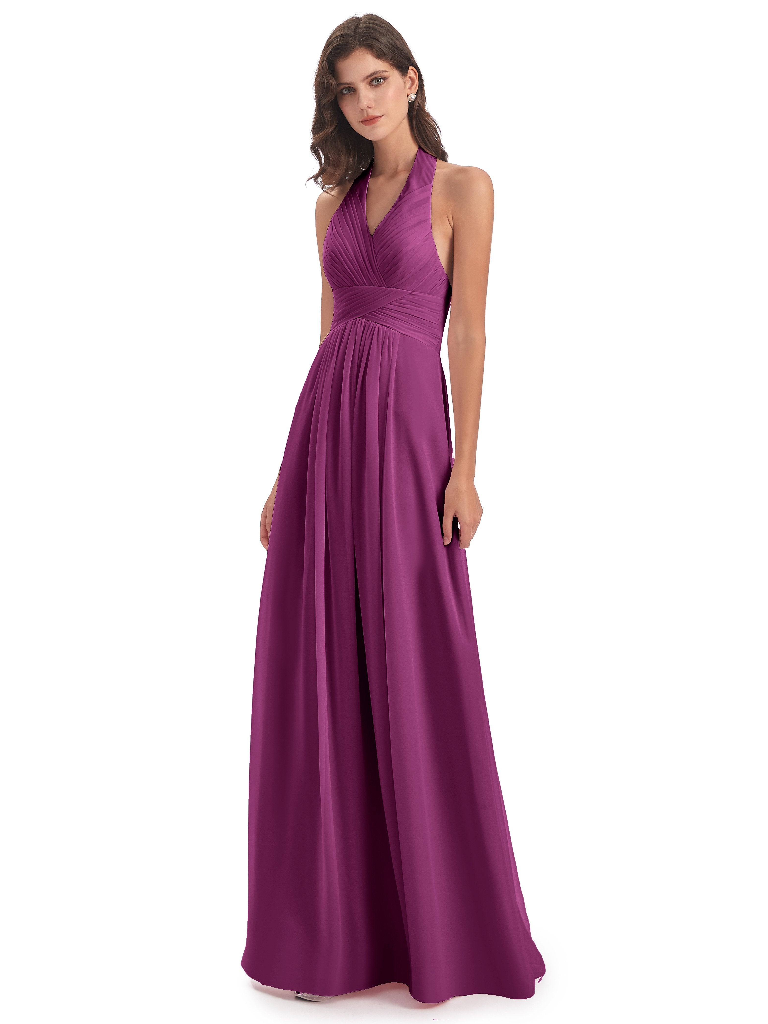 Camila A-line Halter Pleating Long Bridesmaid Dresses