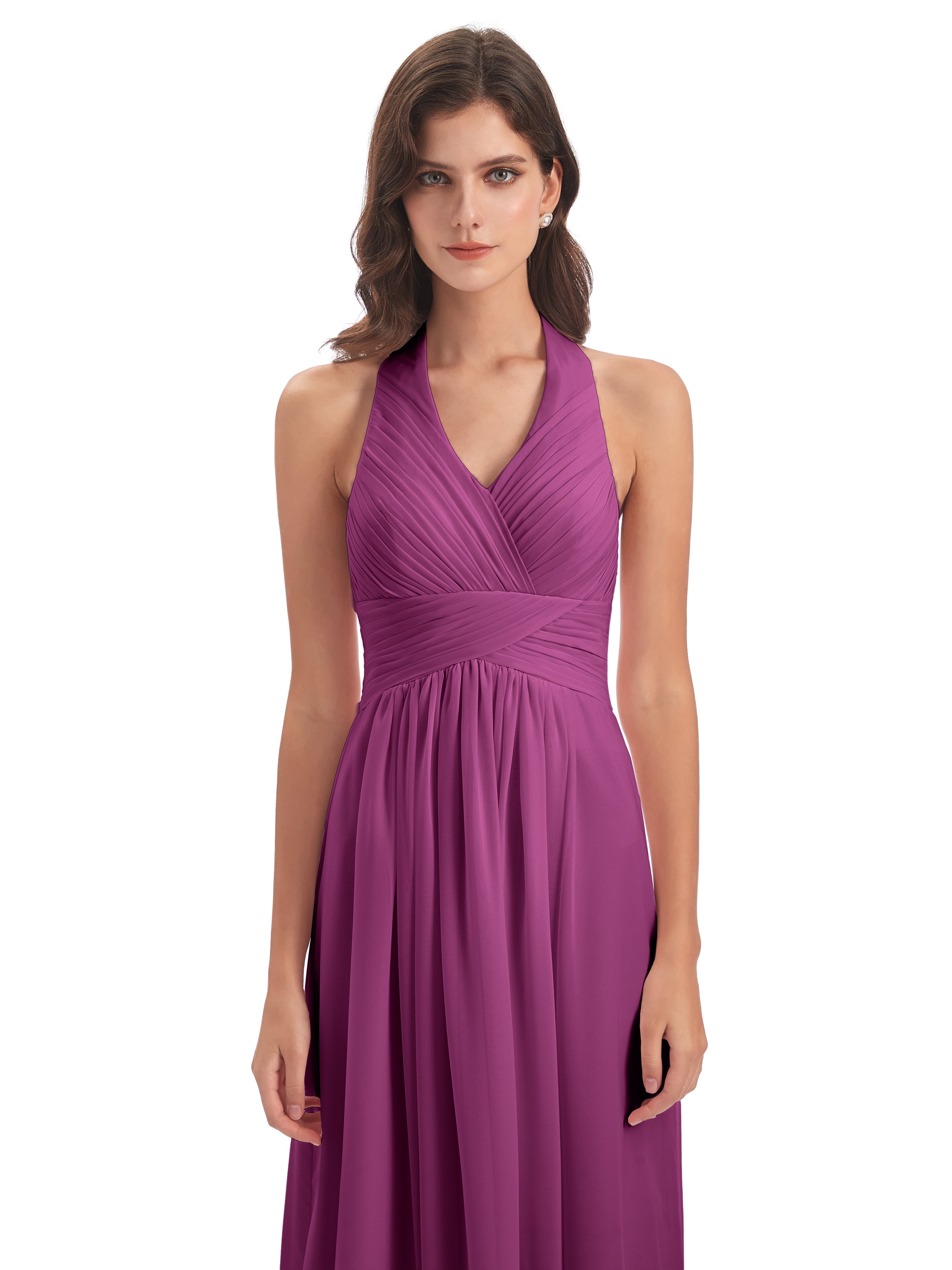 Camila A-line Halter Pleating Long Bridesmaid Dresses