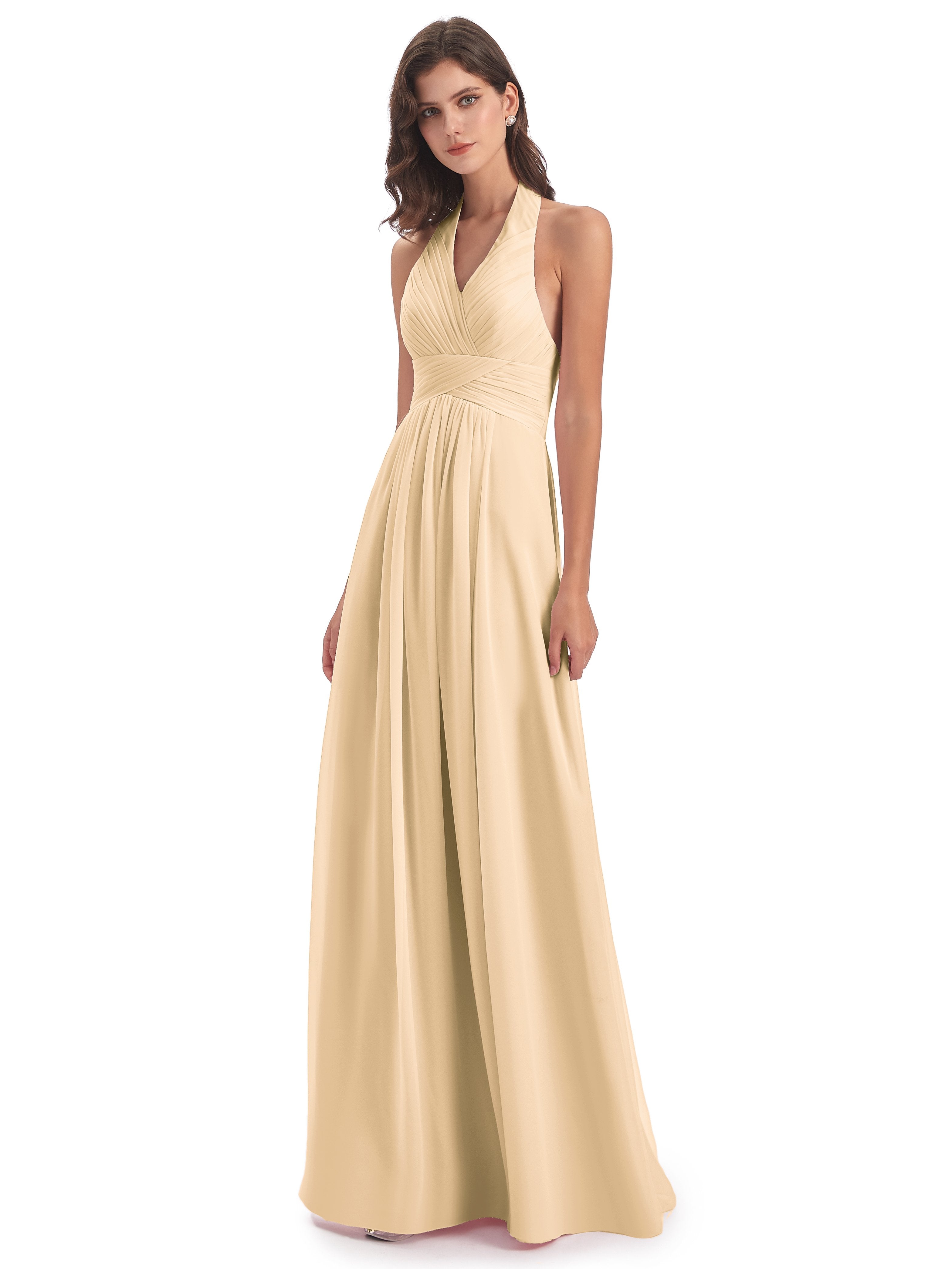 Camila A-line Halter Pleating Long Bridesmaid Dresses