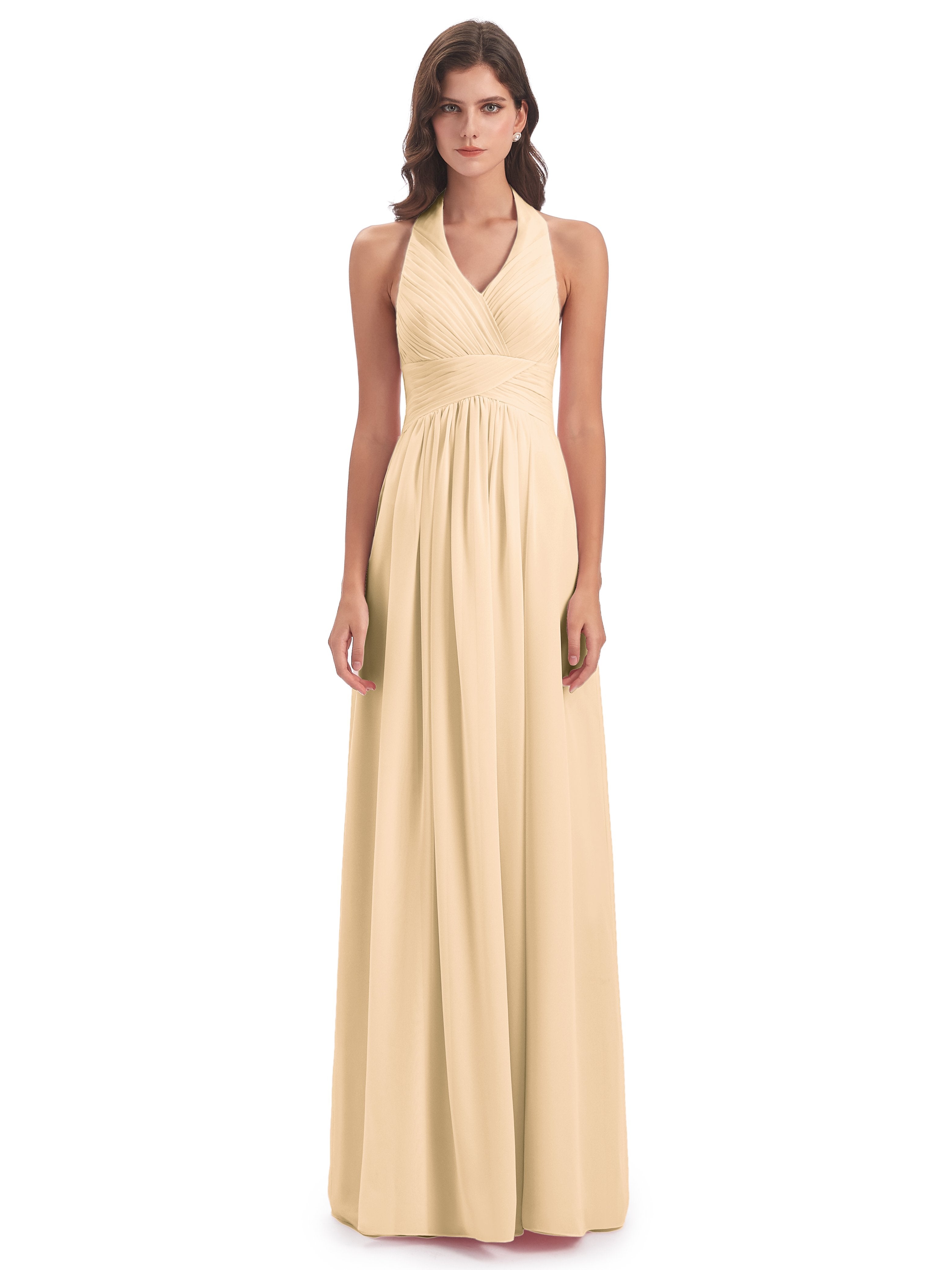 Camila A-line Halter Pleating Long Bridesmaid Dresses
