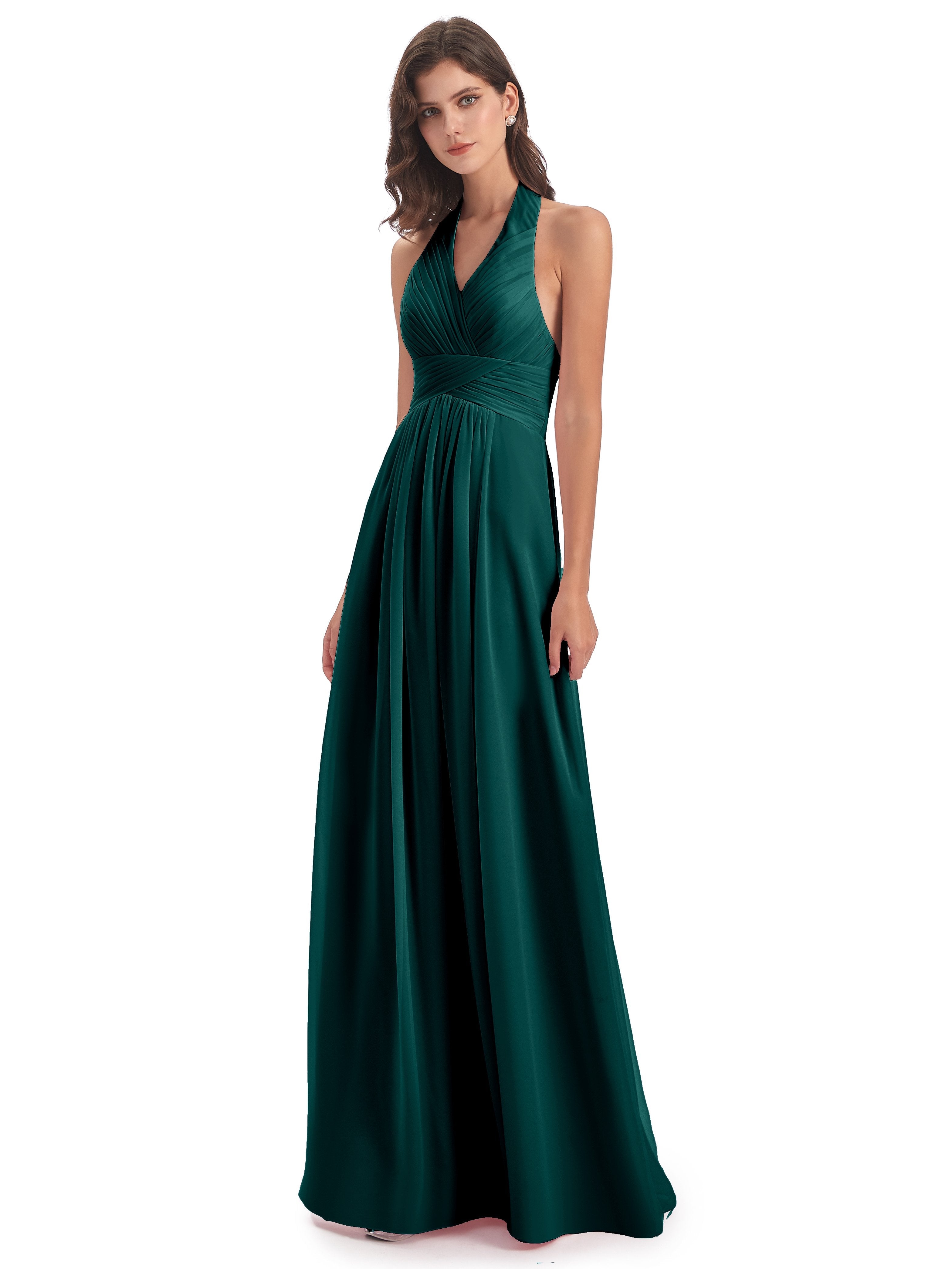 Camila A-line Halter Pleating Long Bridesmaid Dresses