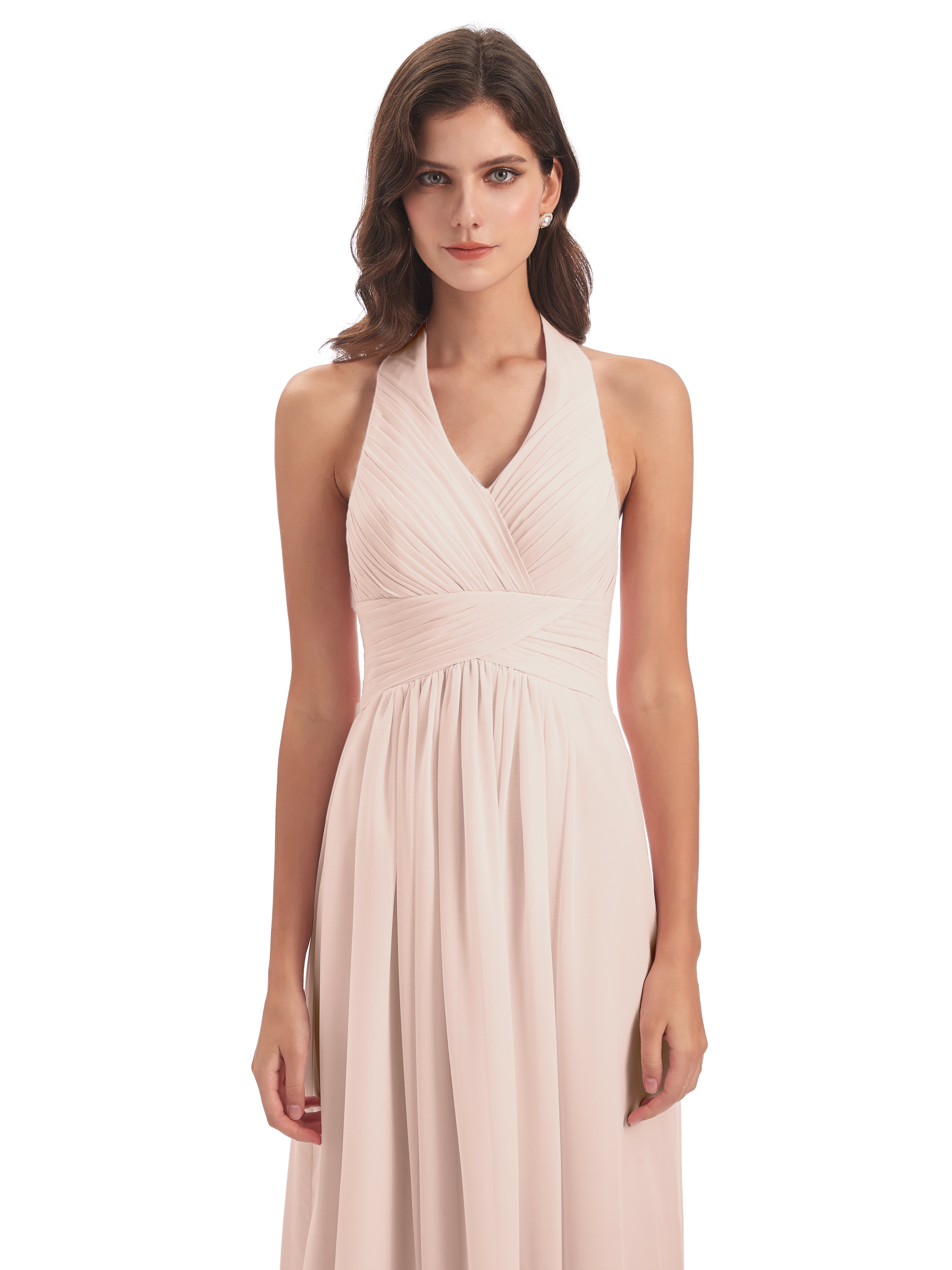 Camila A-line Halter Pleating Long Bridesmaid Dresses