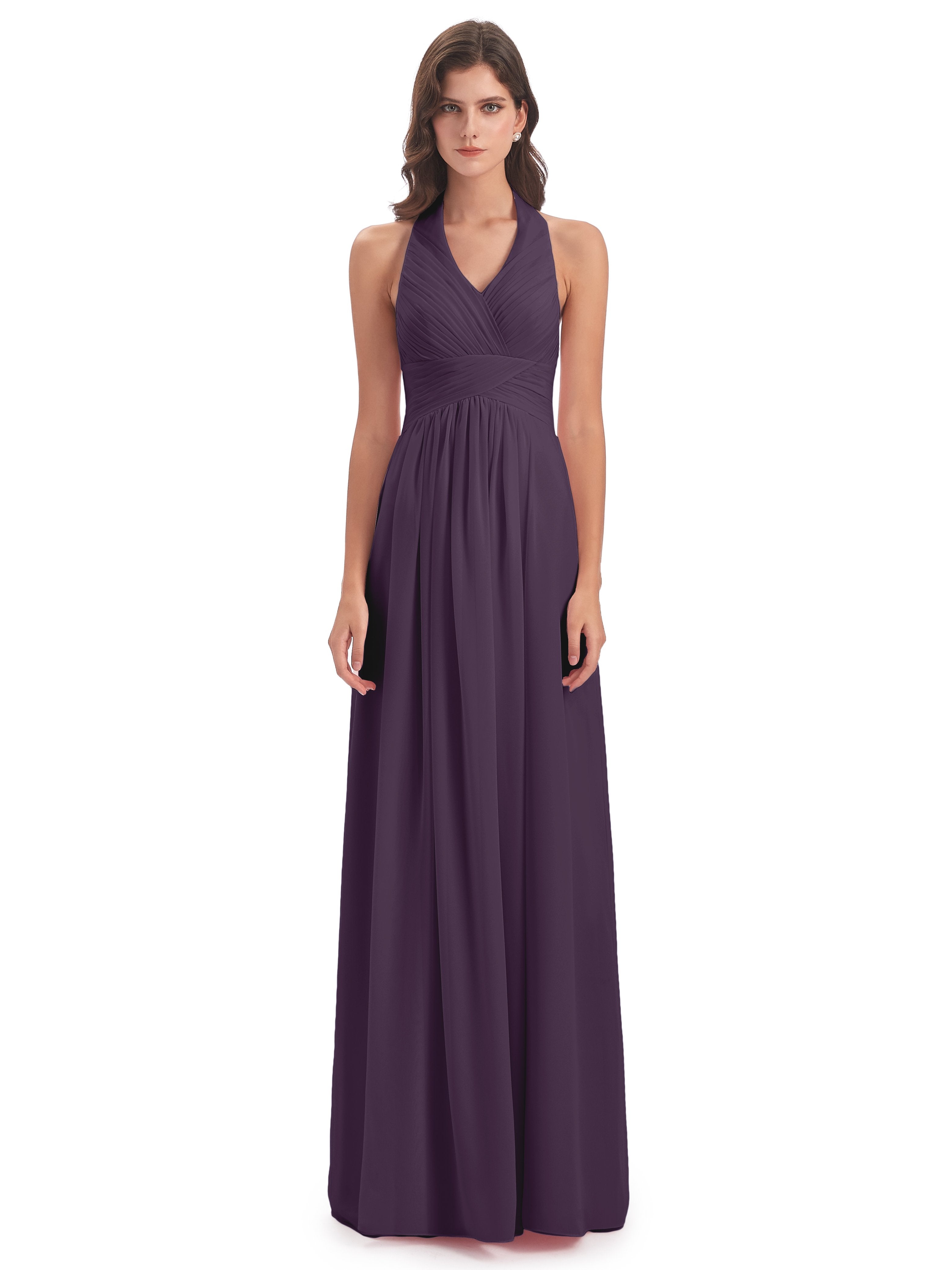 Camila A-line Halter Pleating Long Bridesmaid Dresses