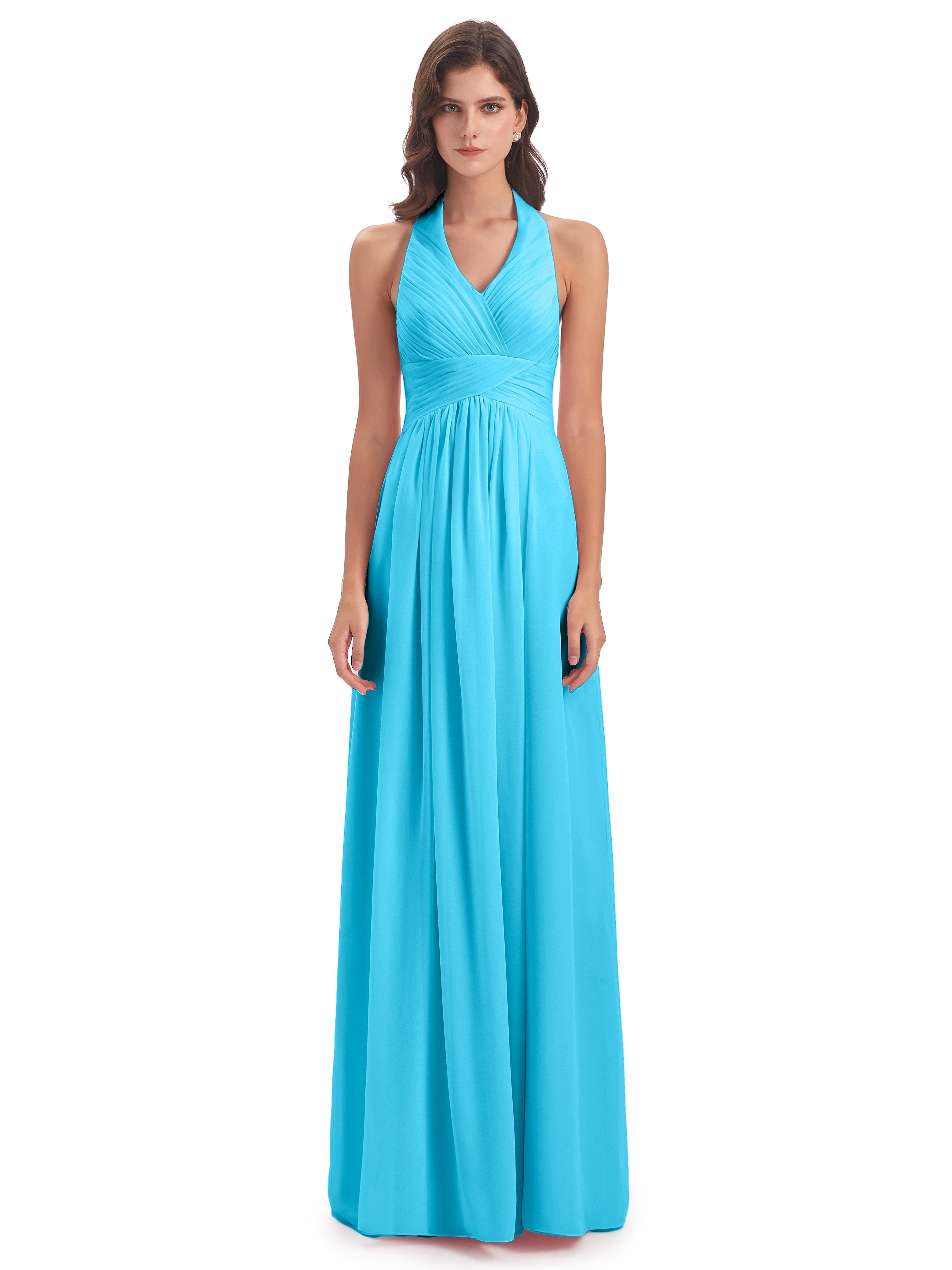Camila A-line Halter Pleating Long Bridesmaid Dresses