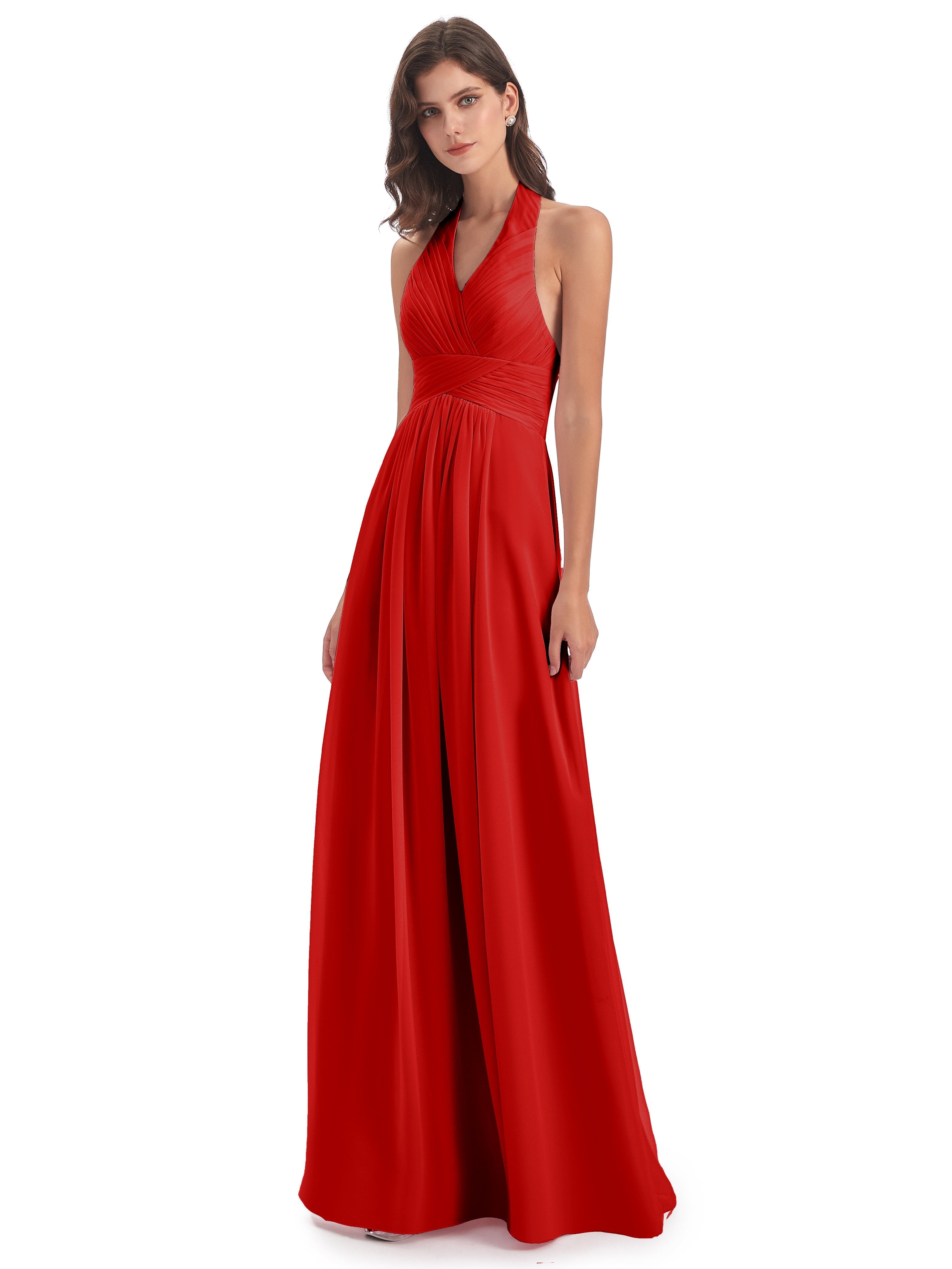 Camila A-line Halter Pleating Long Bridesmaid Dresses