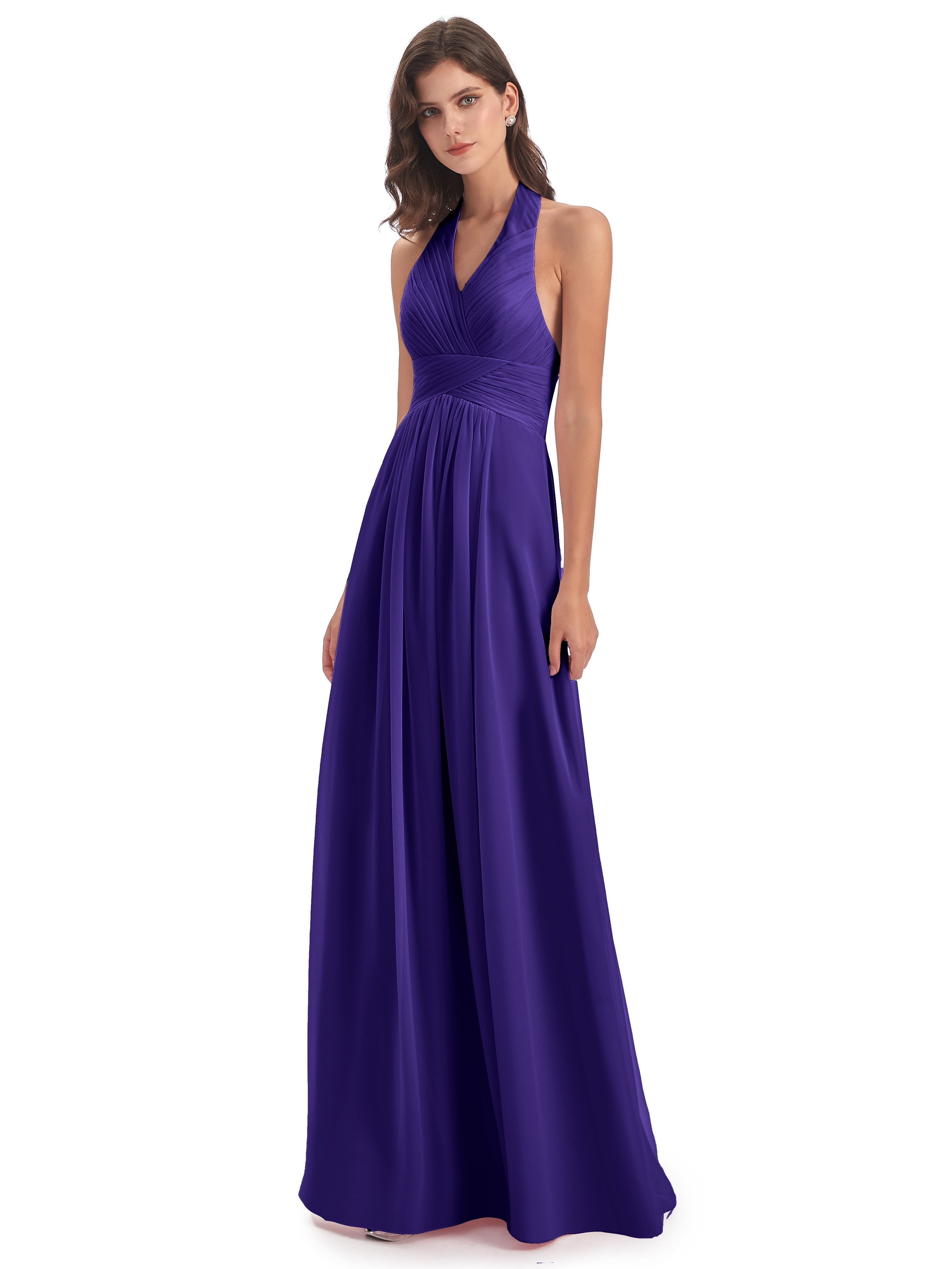 Camila A-line Halter Pleating Long Bridesmaid Dresses