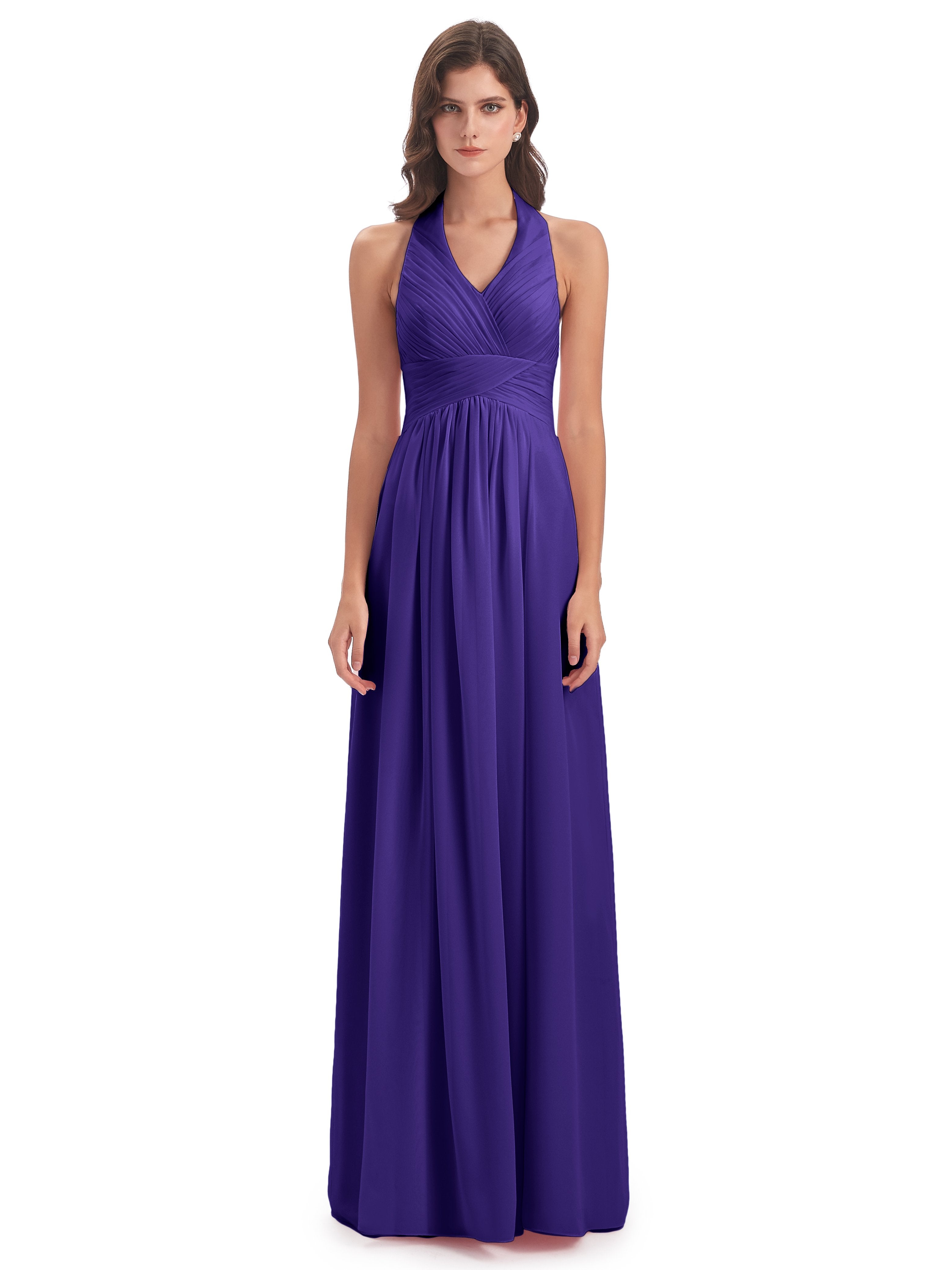 Camila A-line Halter Pleating Long Bridesmaid Dresses