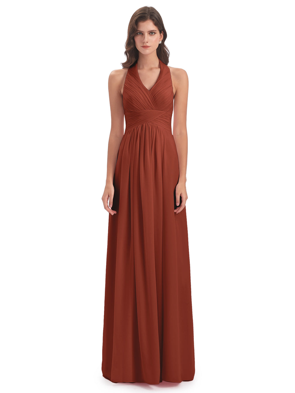 Camila A-line Halter Pleating Long Bridesmaid Dresses
