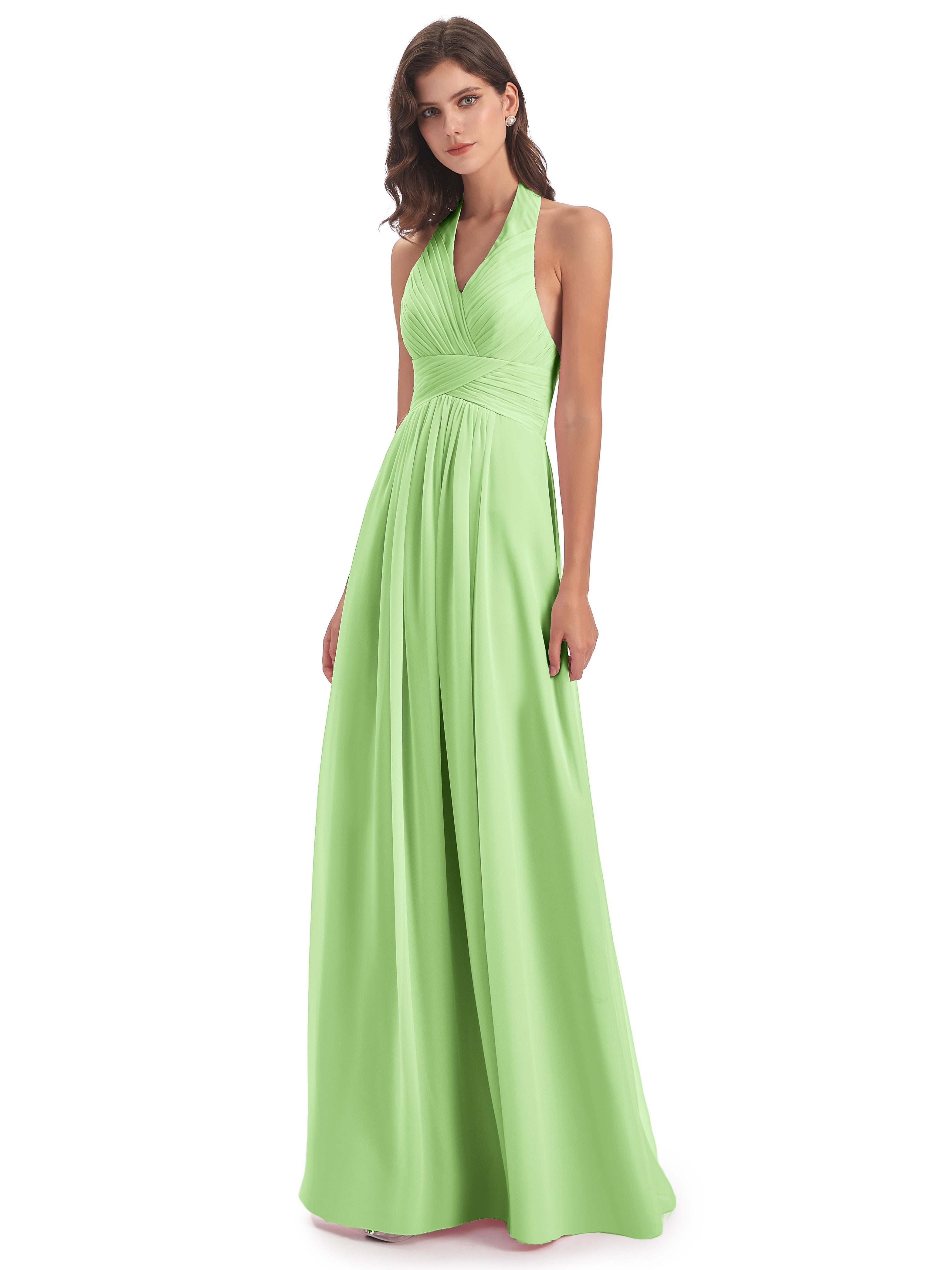 Camila A-line Halter Pleating Long Bridesmaid Dresses