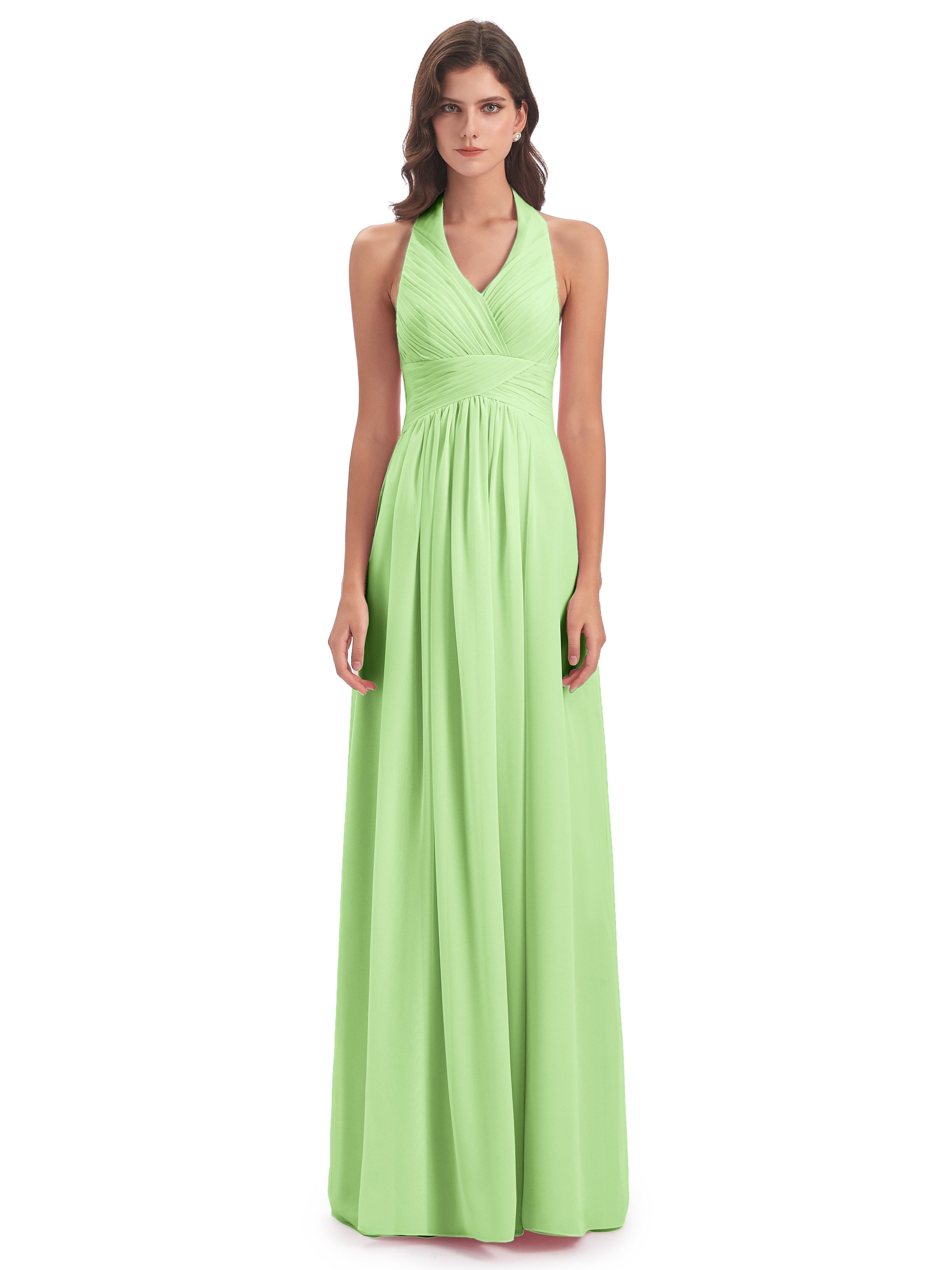 Camila A-line Halter Pleating Long Bridesmaid Dresses