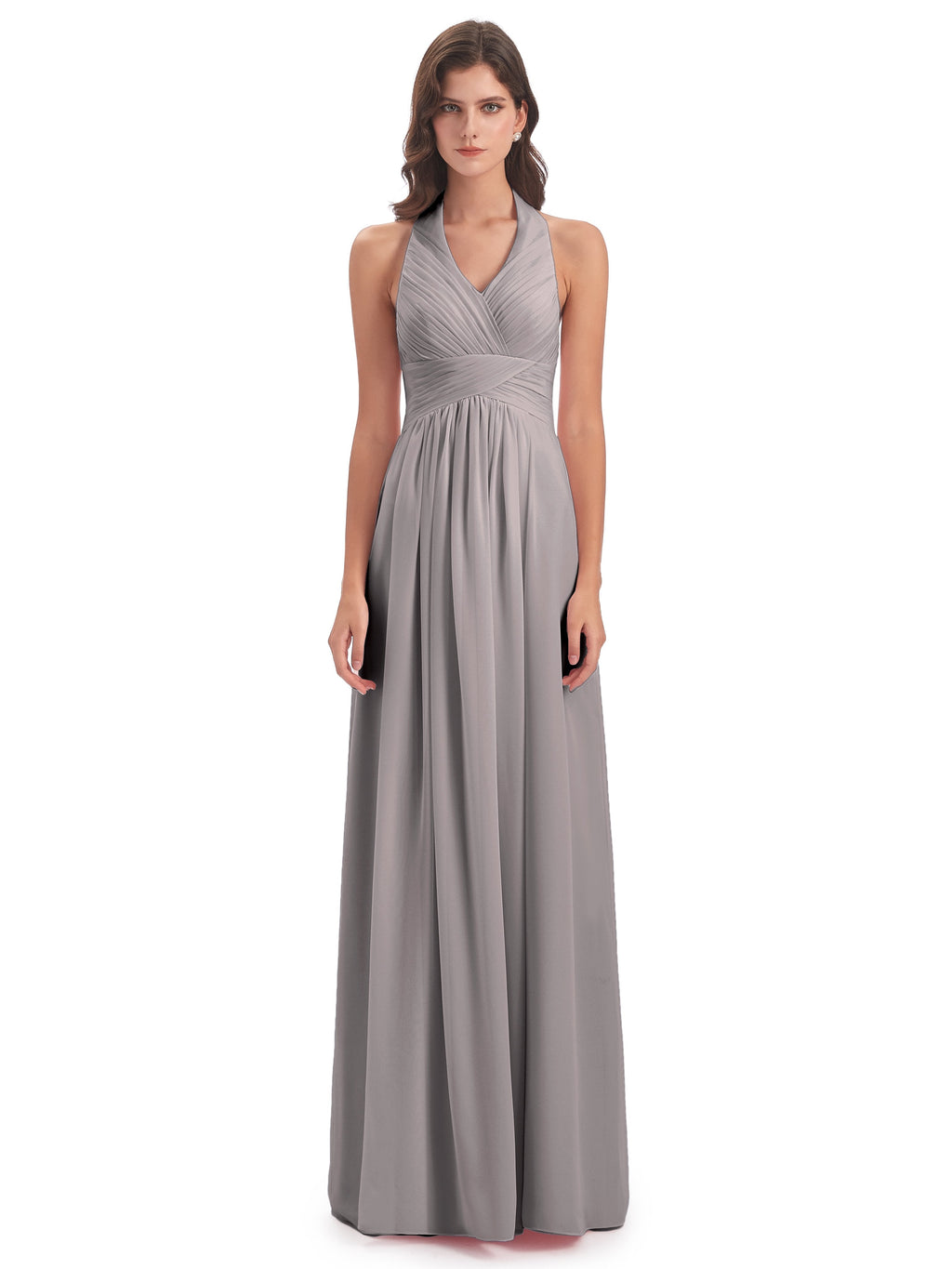 Camila A-line Halter Pleating Long Bridesmaid Dresses
