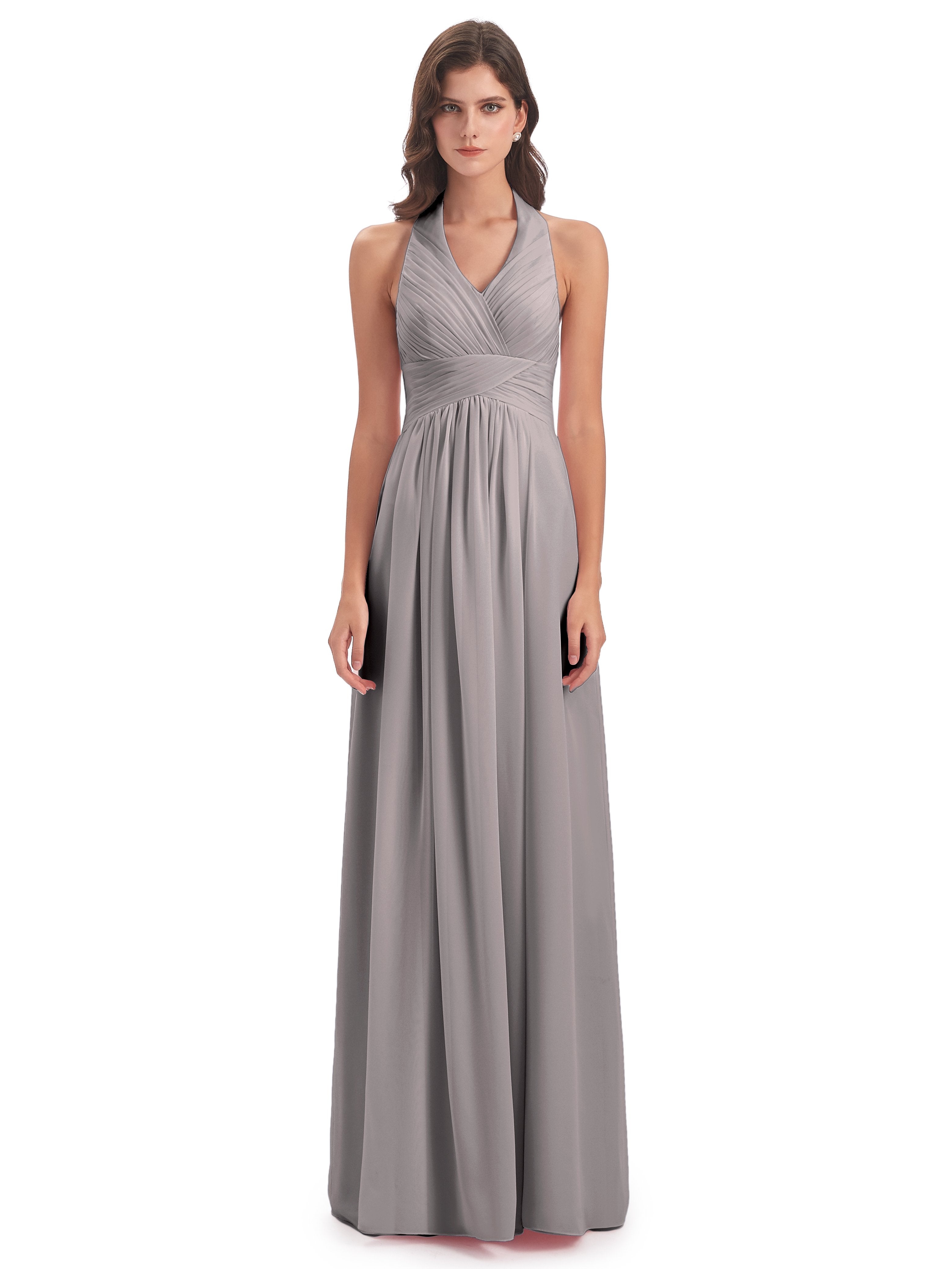 Camila A-line Halter Pleating Long Bridesmaid Dresses