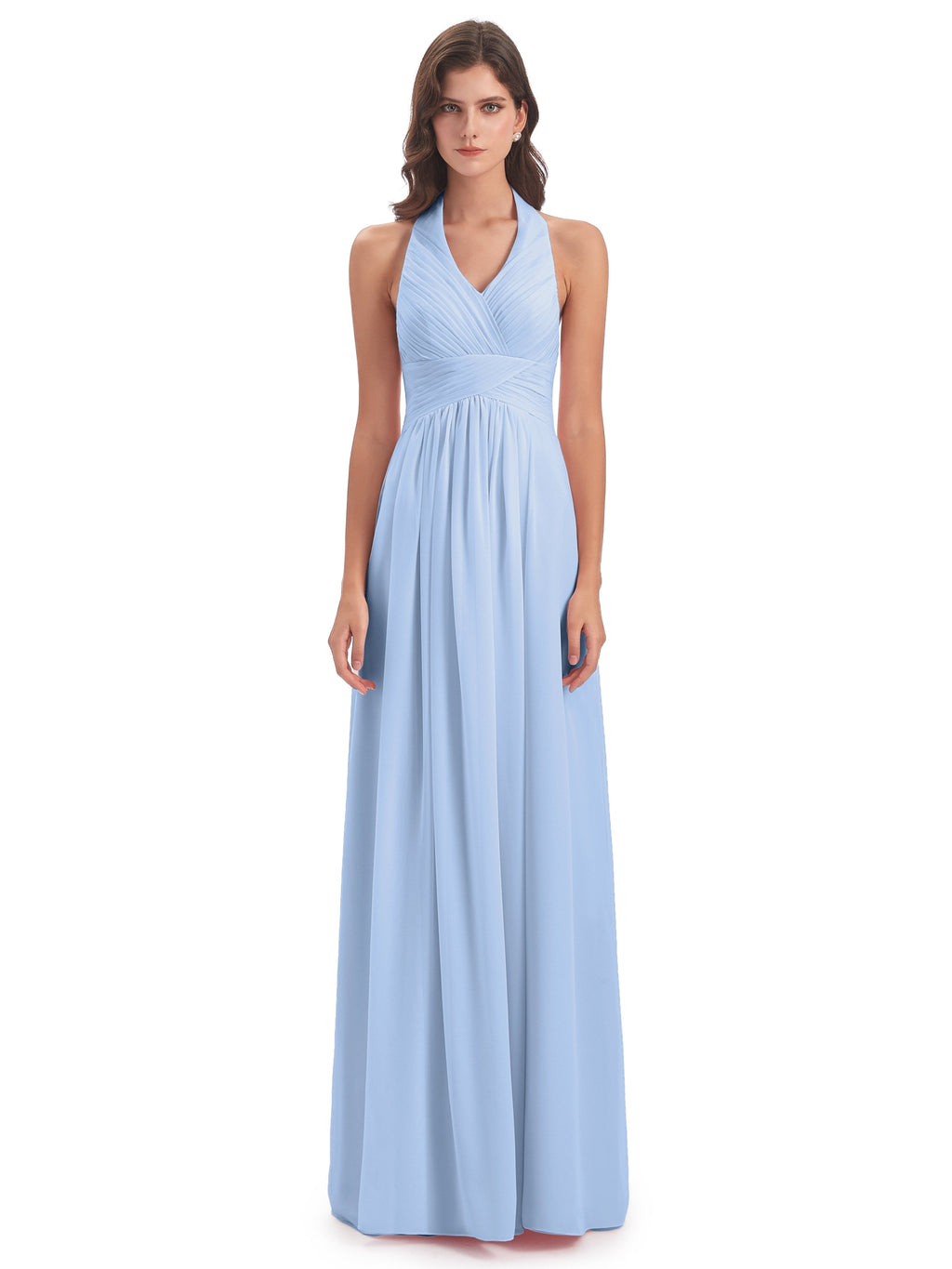 Camila A-line Halter Pleating Long Bridesmaid Dresses