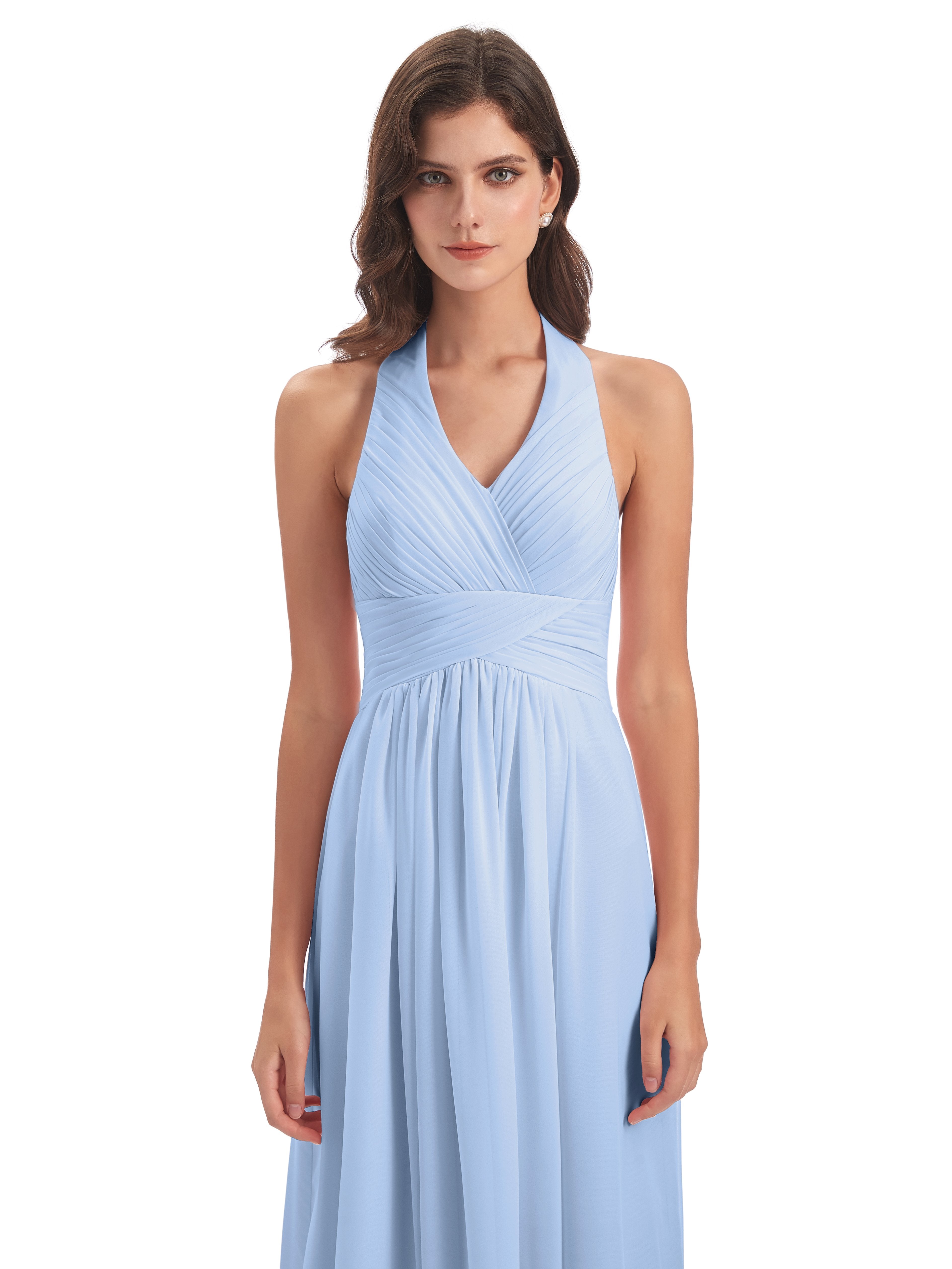 Camila A-line Halter Pleating Long Bridesmaid Dresses