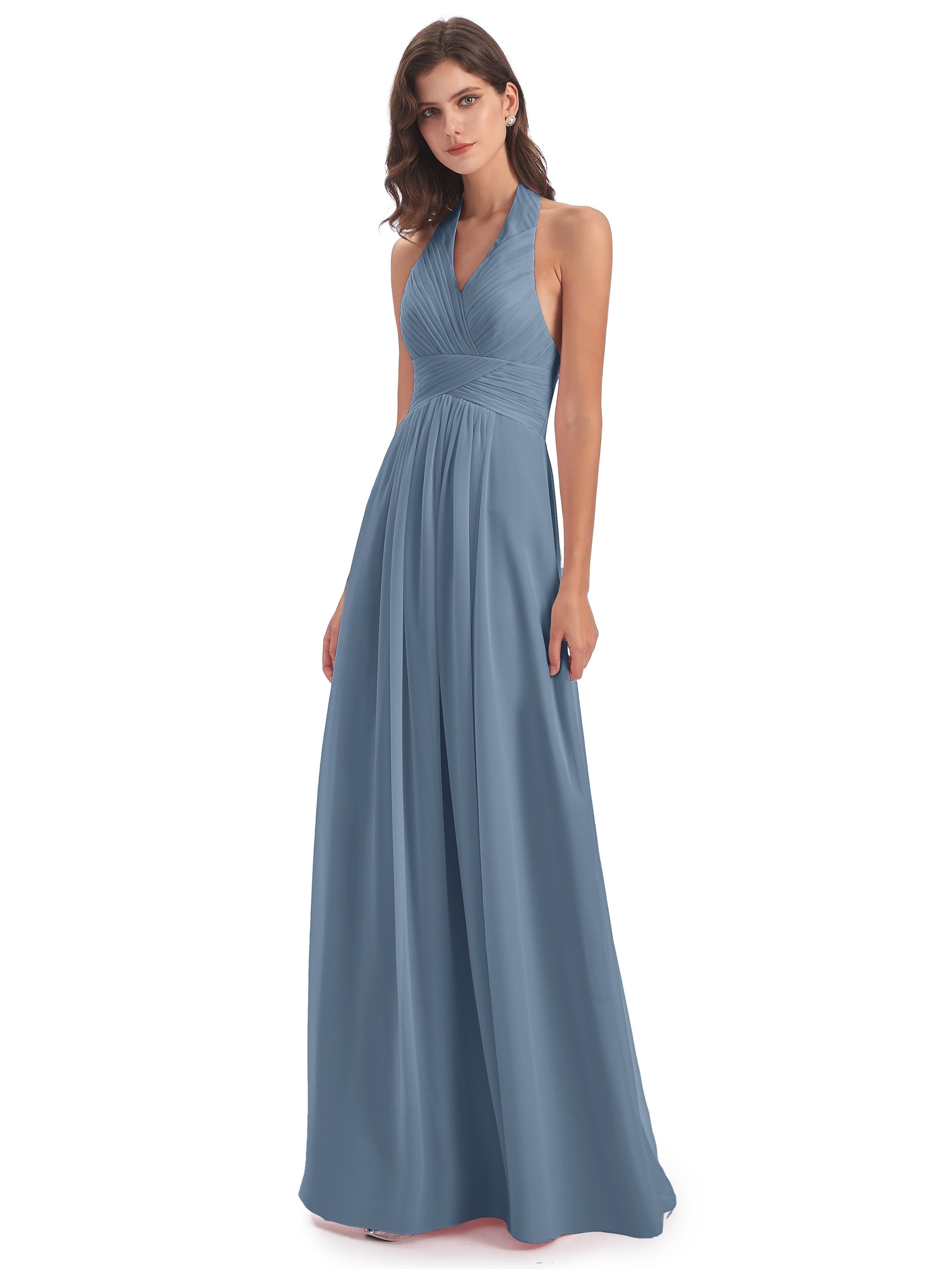 Camila A-line Halter Pleating Long Bridesmaid Dresses