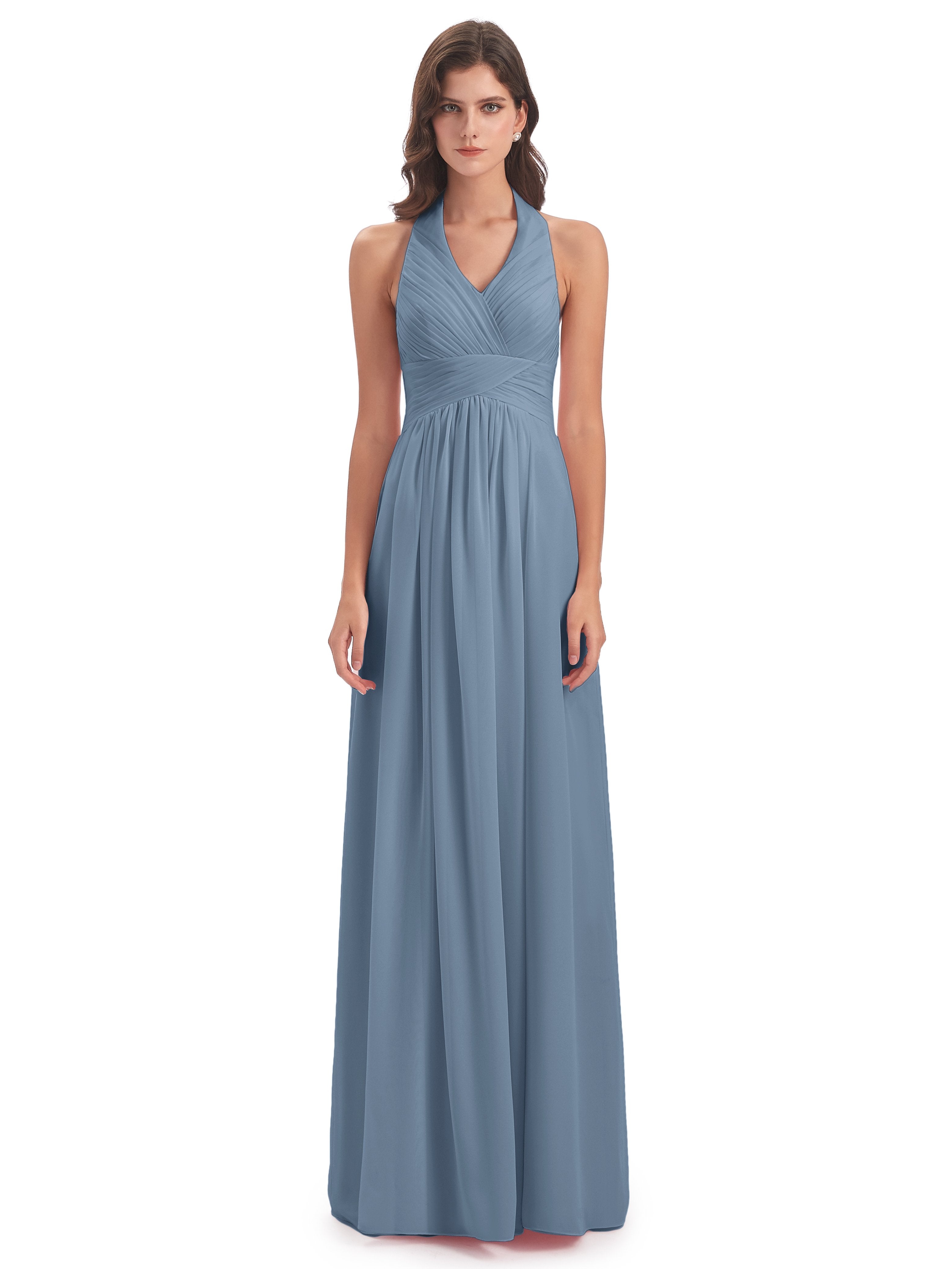 Camila A-line Halter Pleating Long Bridesmaid Dresses