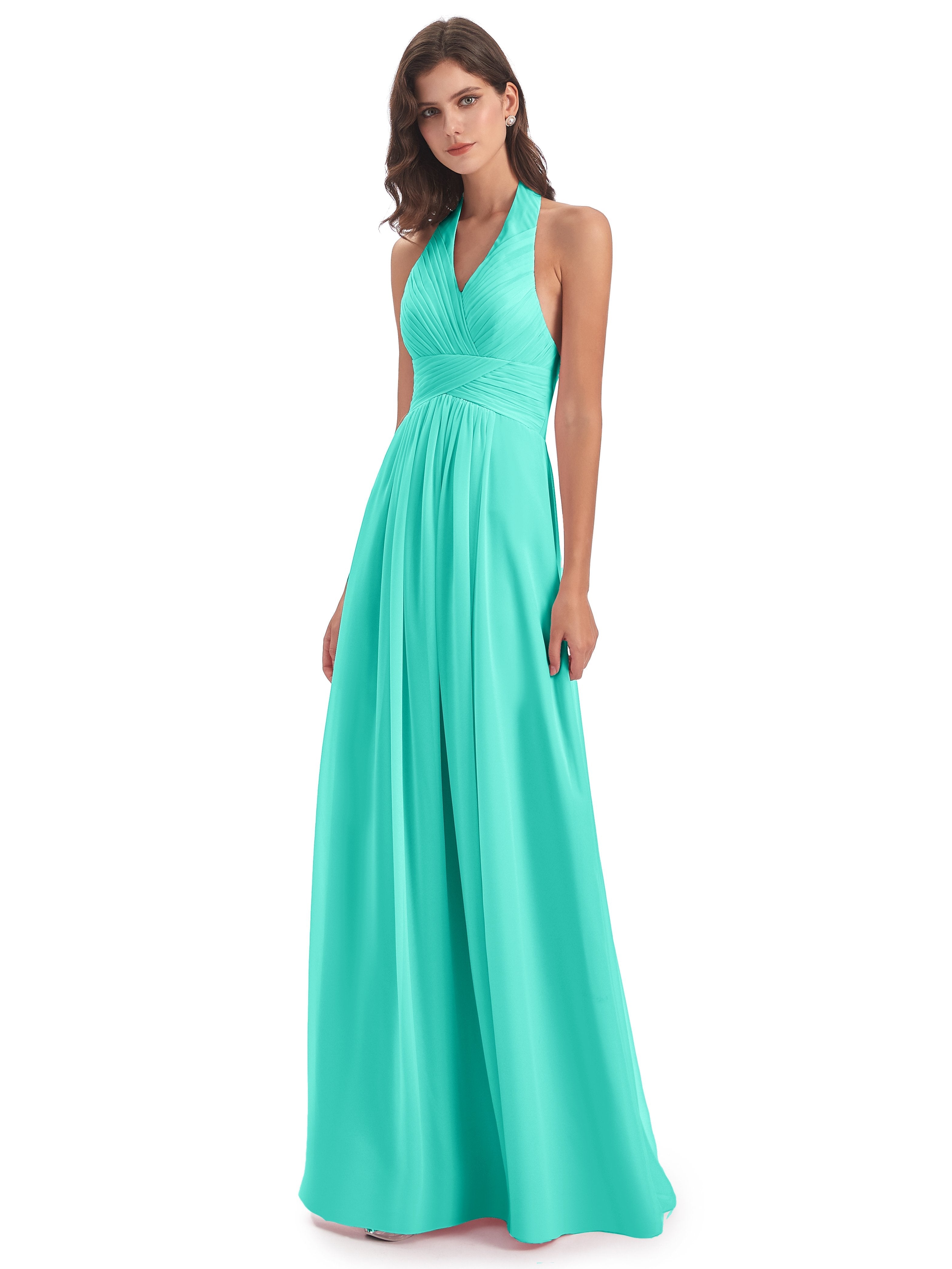Camila A-line Halter Pleating Long Bridesmaid Dresses