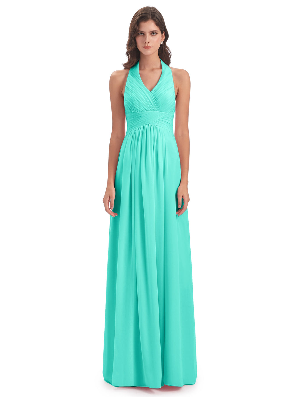 Camila A-line Halter Pleating Long Bridesmaid Dresses