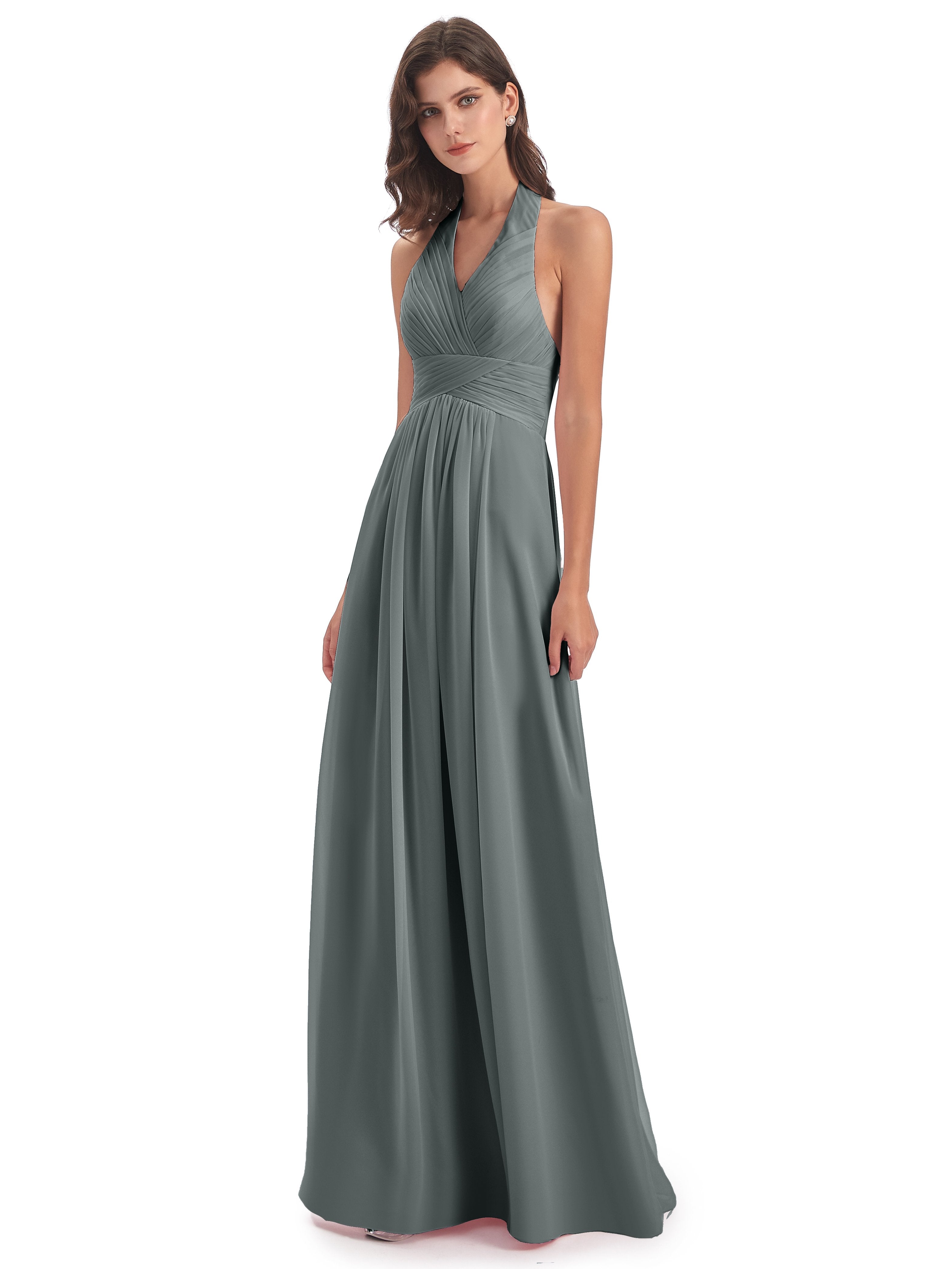 Camila A-line Halter Pleating Long Bridesmaid Dresses