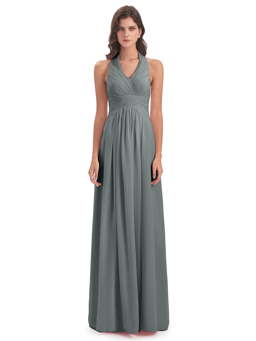 Camila A-line Halter Pleating Long Bridesmaid Dresses