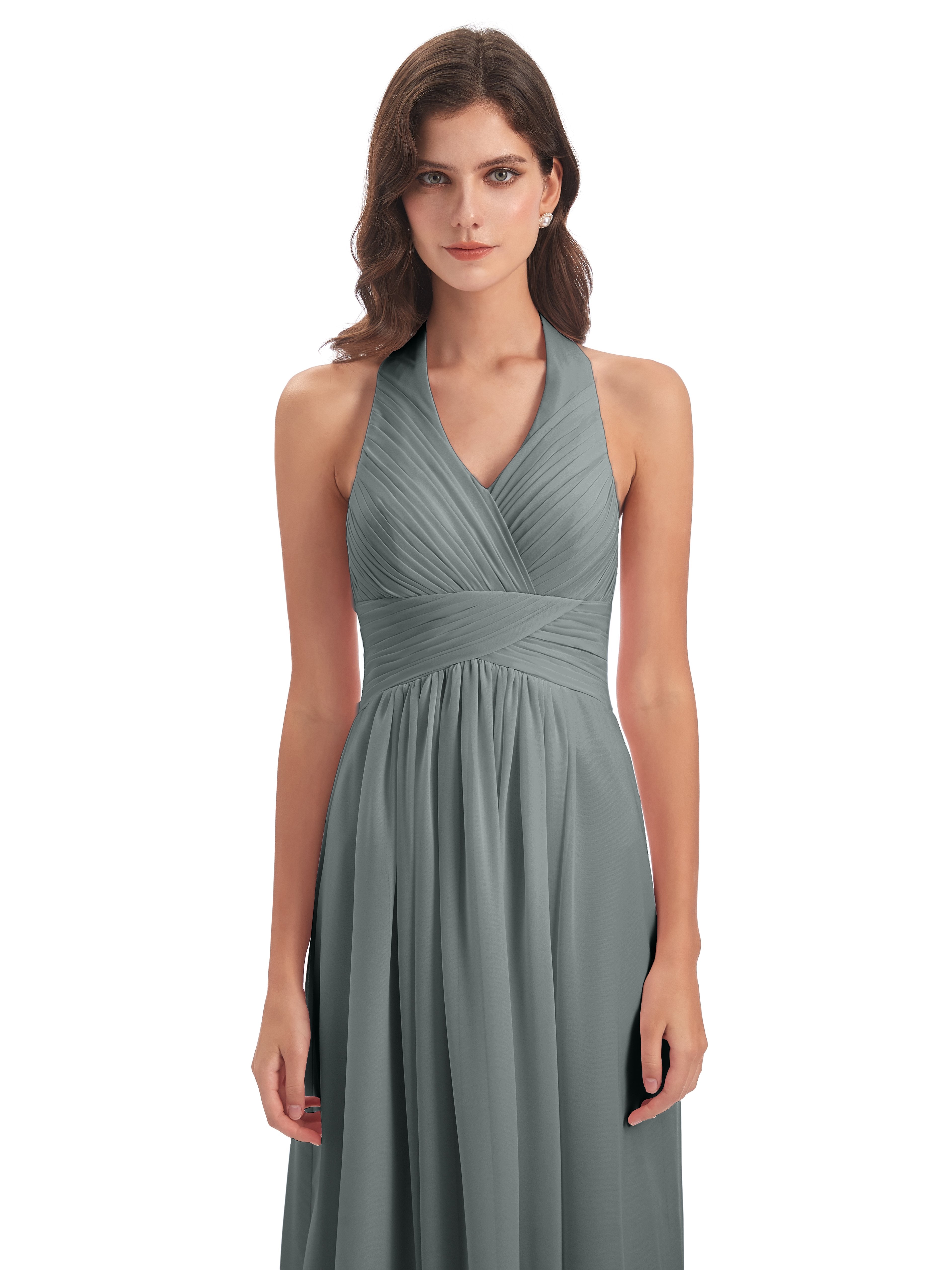 Camila A-line Halter Pleating Long Bridesmaid Dresses