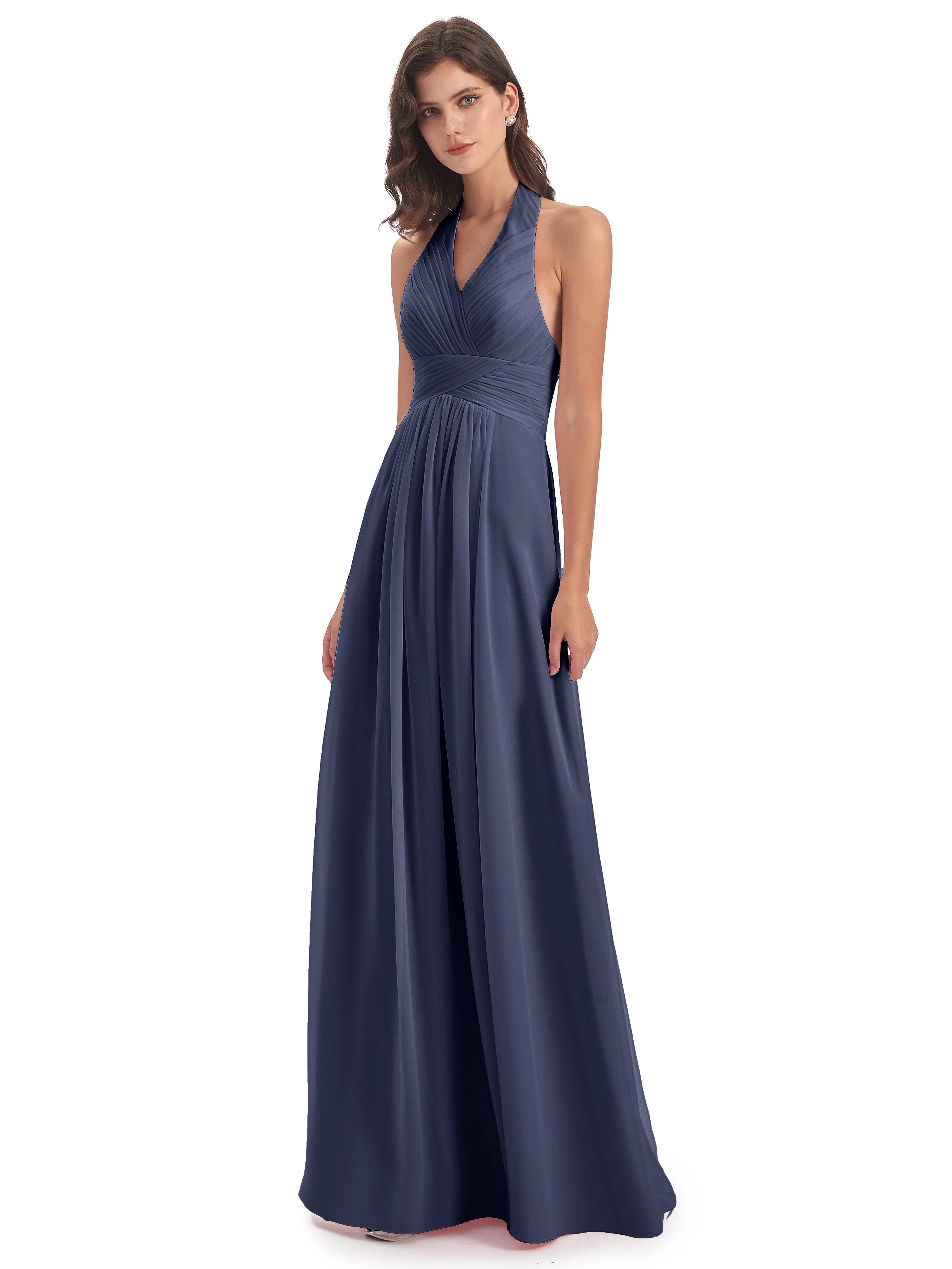 Camila A-line Halter Pleating Long Bridesmaid Dresses