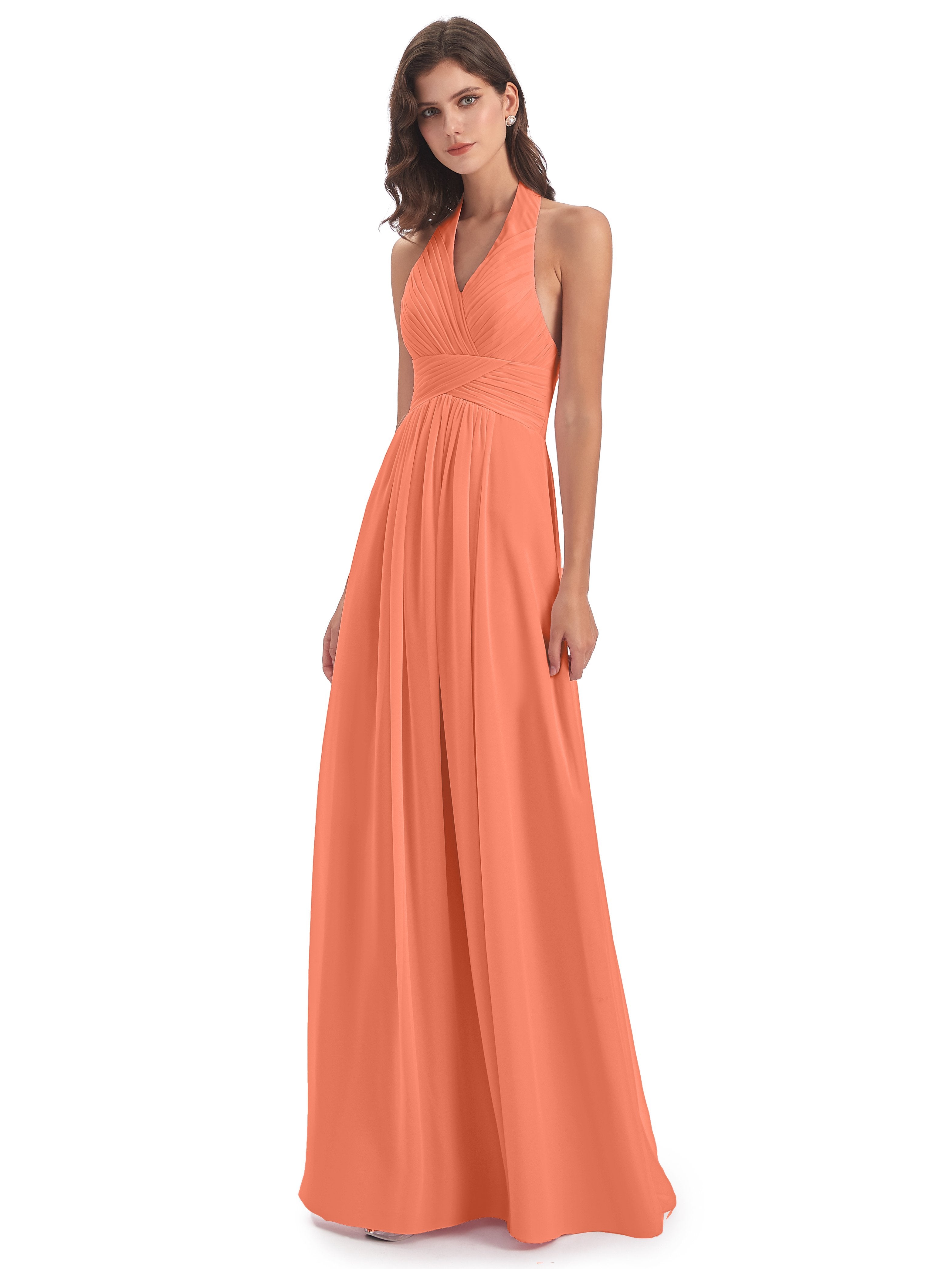 Camila A-line Halter Pleating Long Bridesmaid Dresses