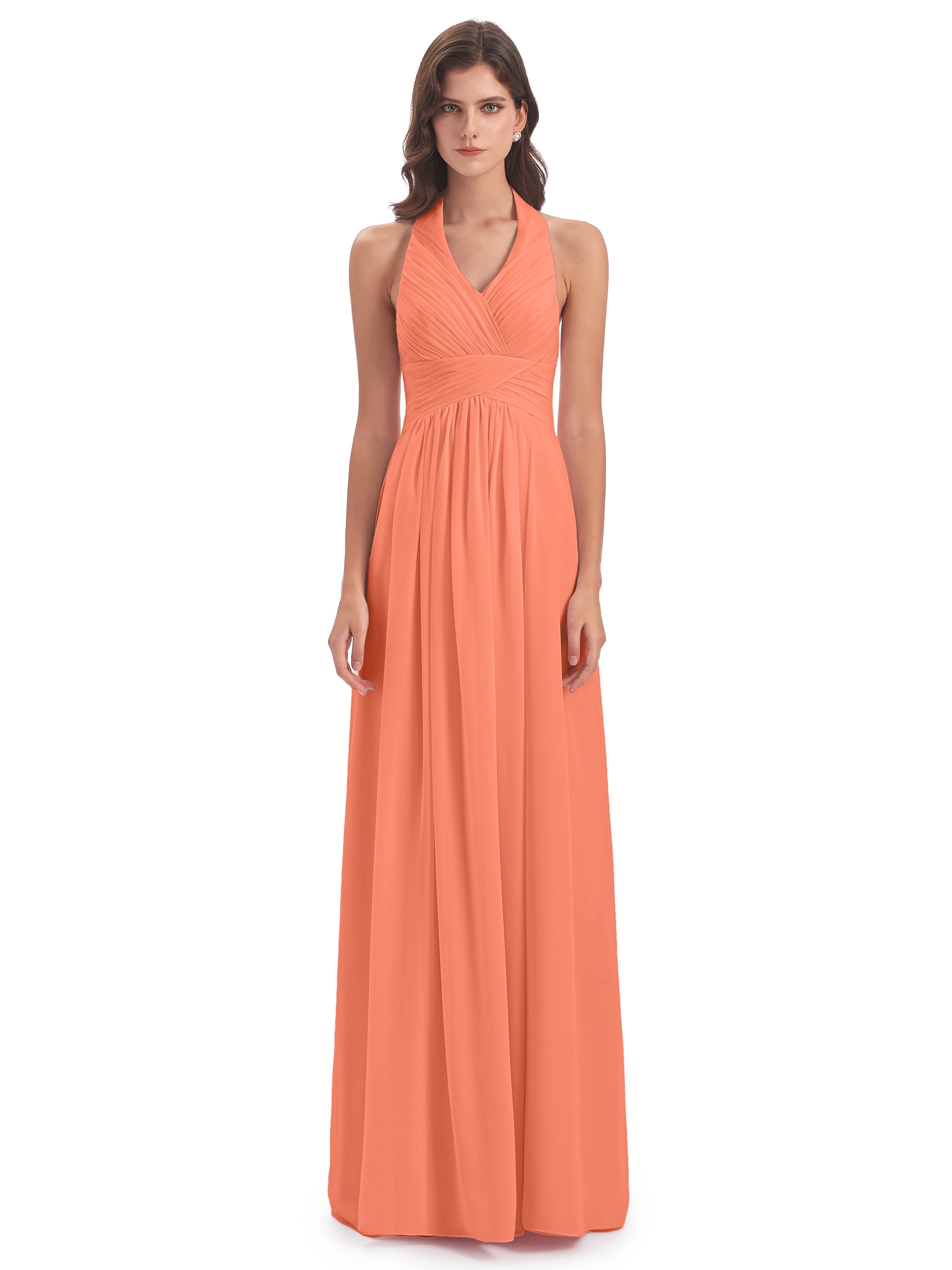 Camila A-line Halter Pleating Long Bridesmaid Dresses
