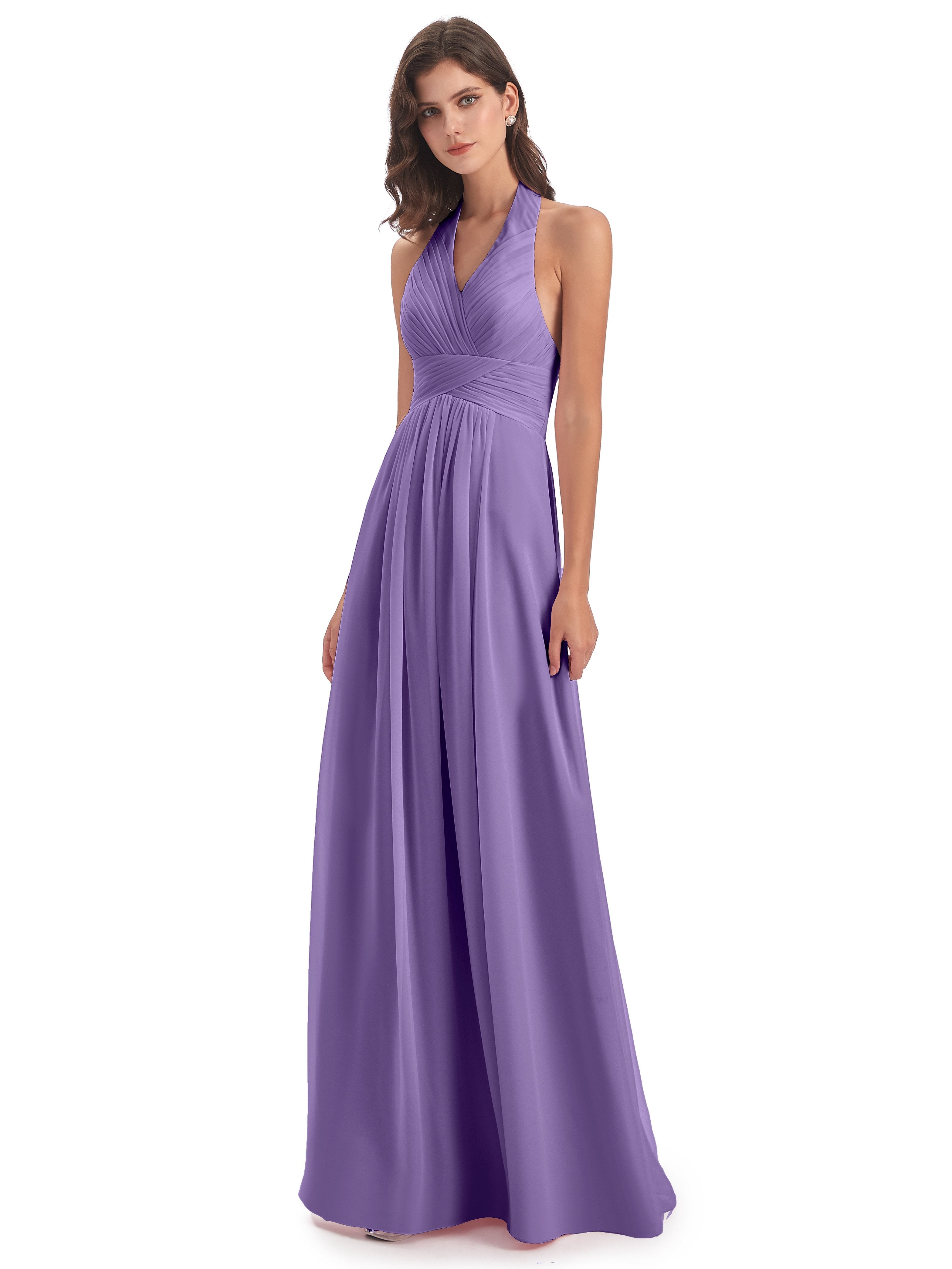 Camila A-line Halter Pleating Long Bridesmaid Dresses